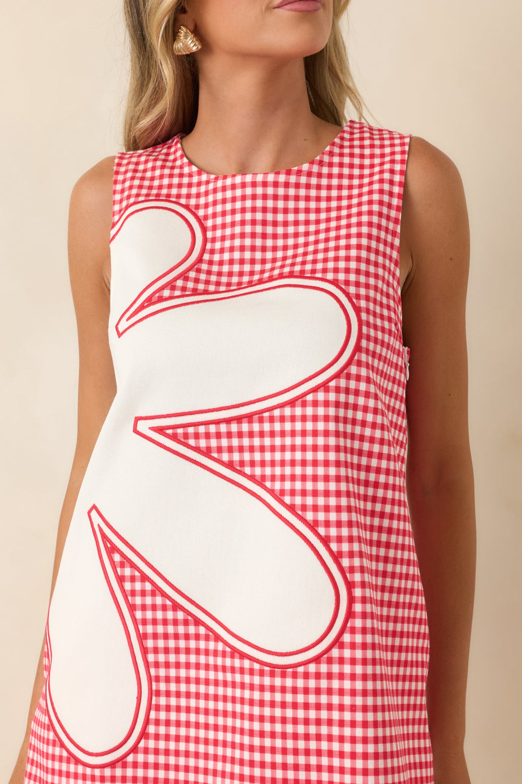 Instant Joy Red Gingham Cotton Appliqué Mini Shift Dress
