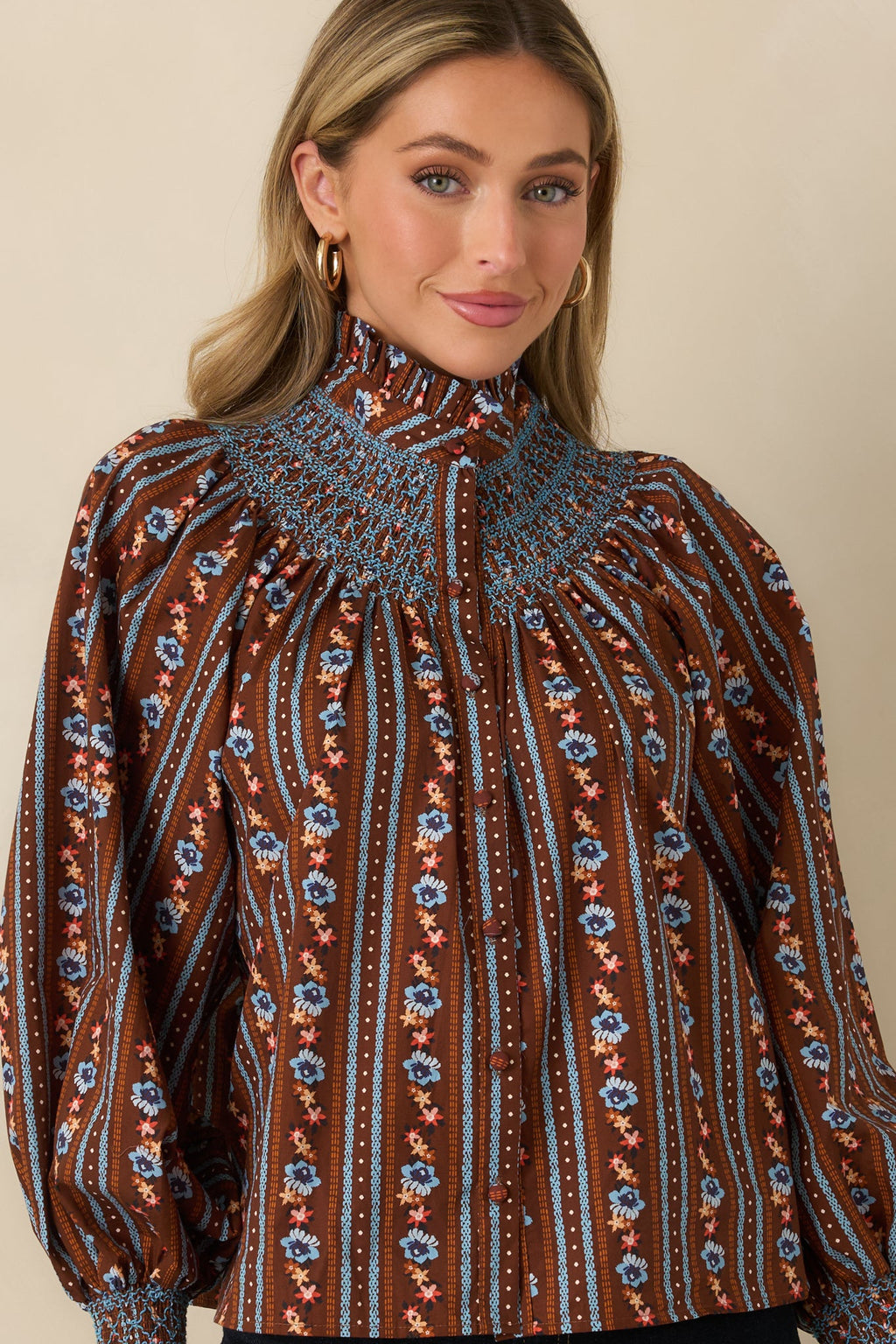 Prosperina Bedford Brown Multi Floral Stripe Cotton Smocked Blouse