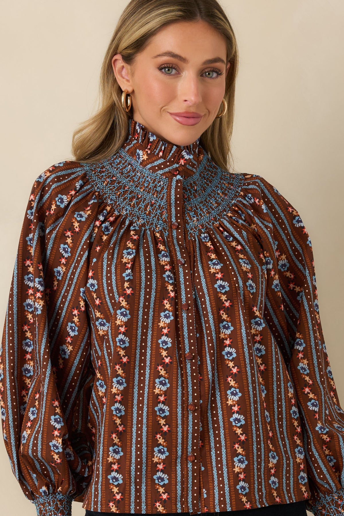 Prosperina Bedford Brown Multi Floral Stripe Cotton Smocked Blouse