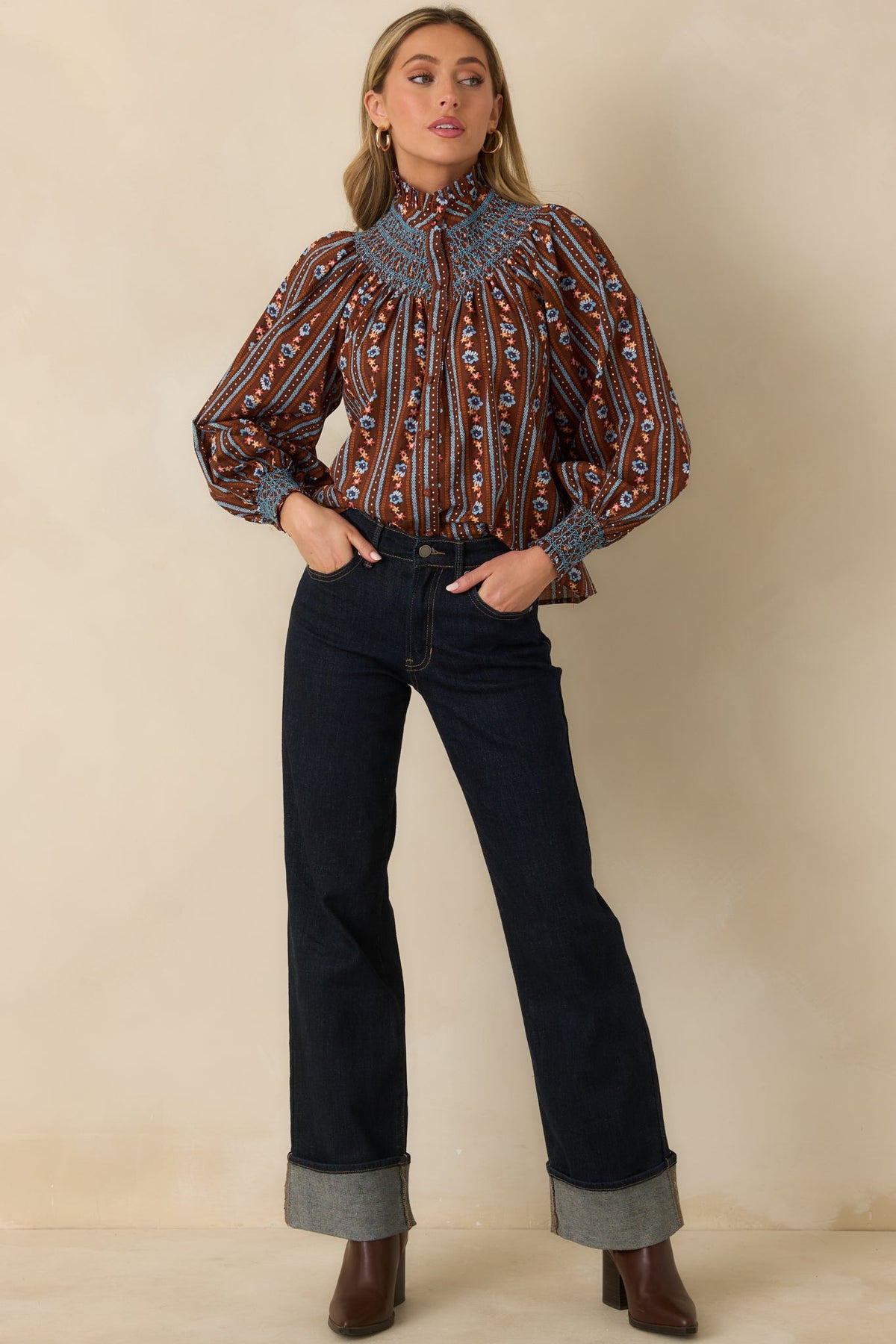 Prosperina Bedford Brown Multi Floral Stripe Cotton Smocked Blouse