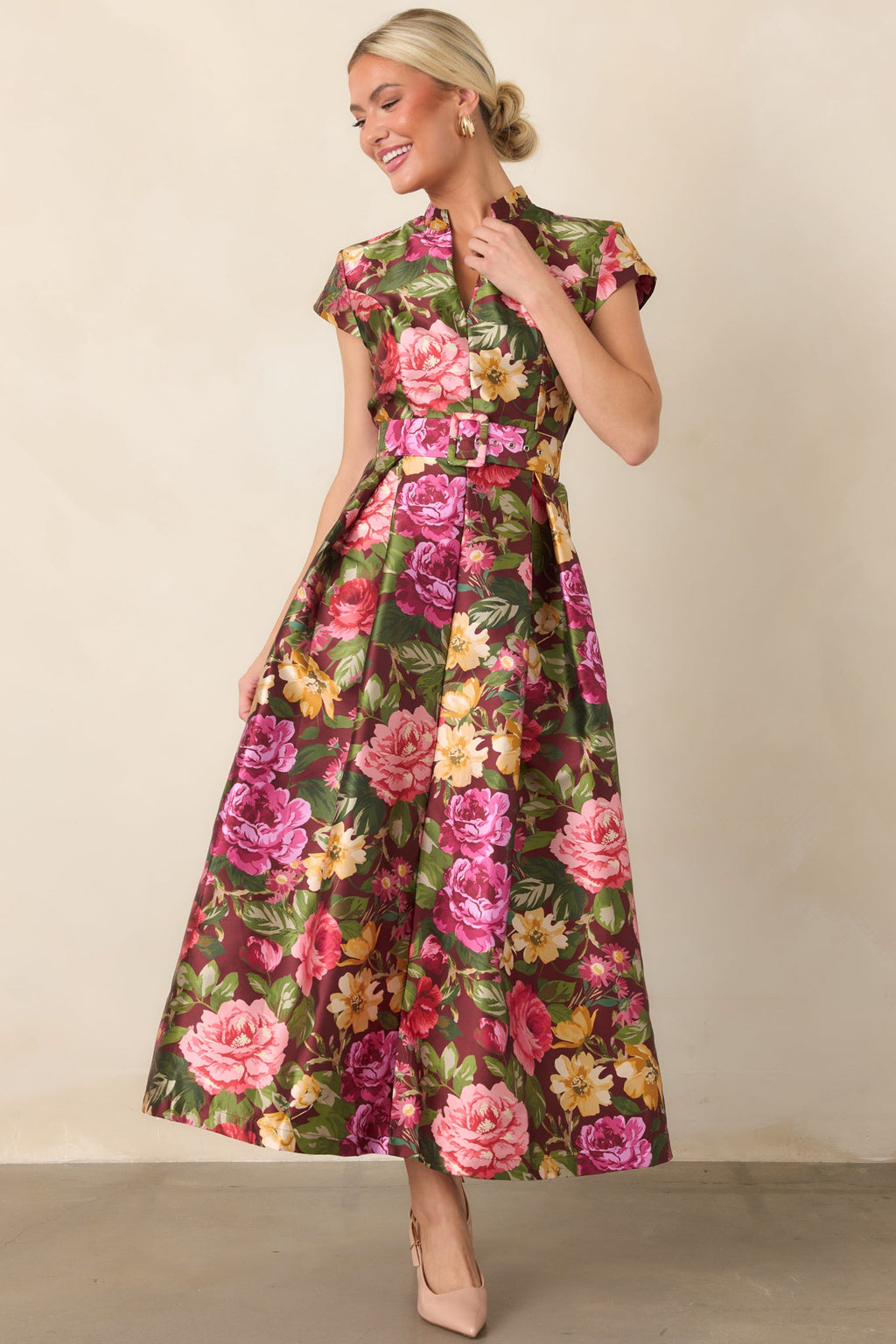 Living Beautifully Burgundy Multi Floral Belted Maxi Dress
