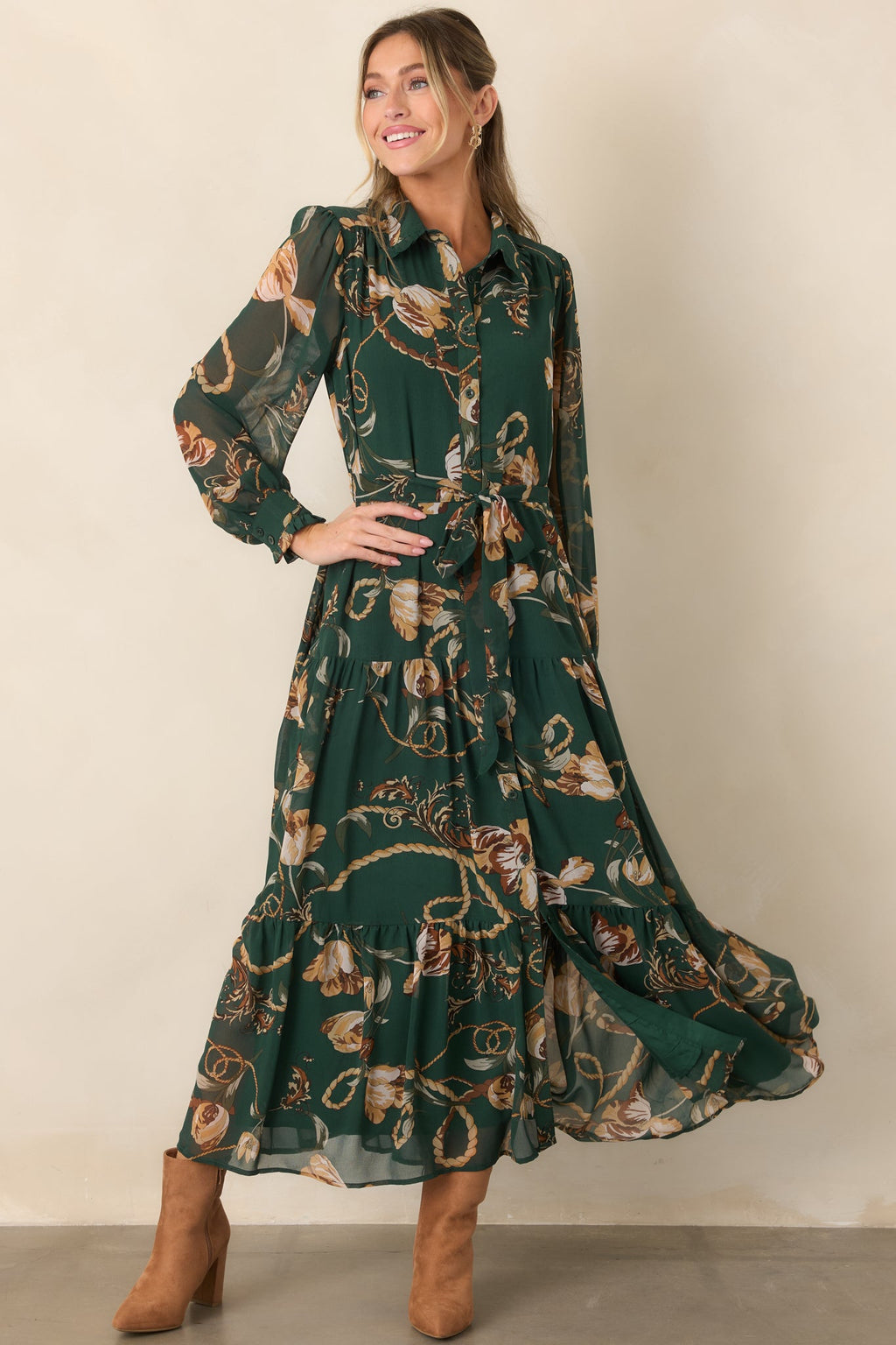 Weekend at the Manor Forest Green Floral Rope Print Tie-Waist Maxi Dress