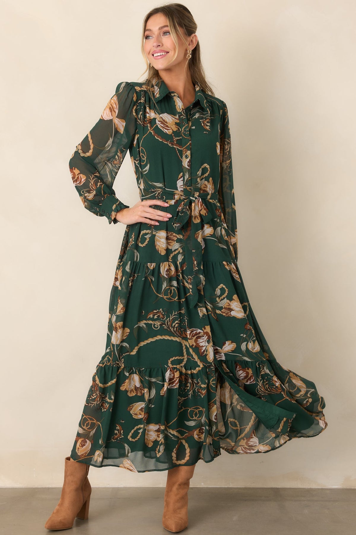 Weekend at the Manor Forest Green Floral Rope Print Tie-Waist Maxi Dress