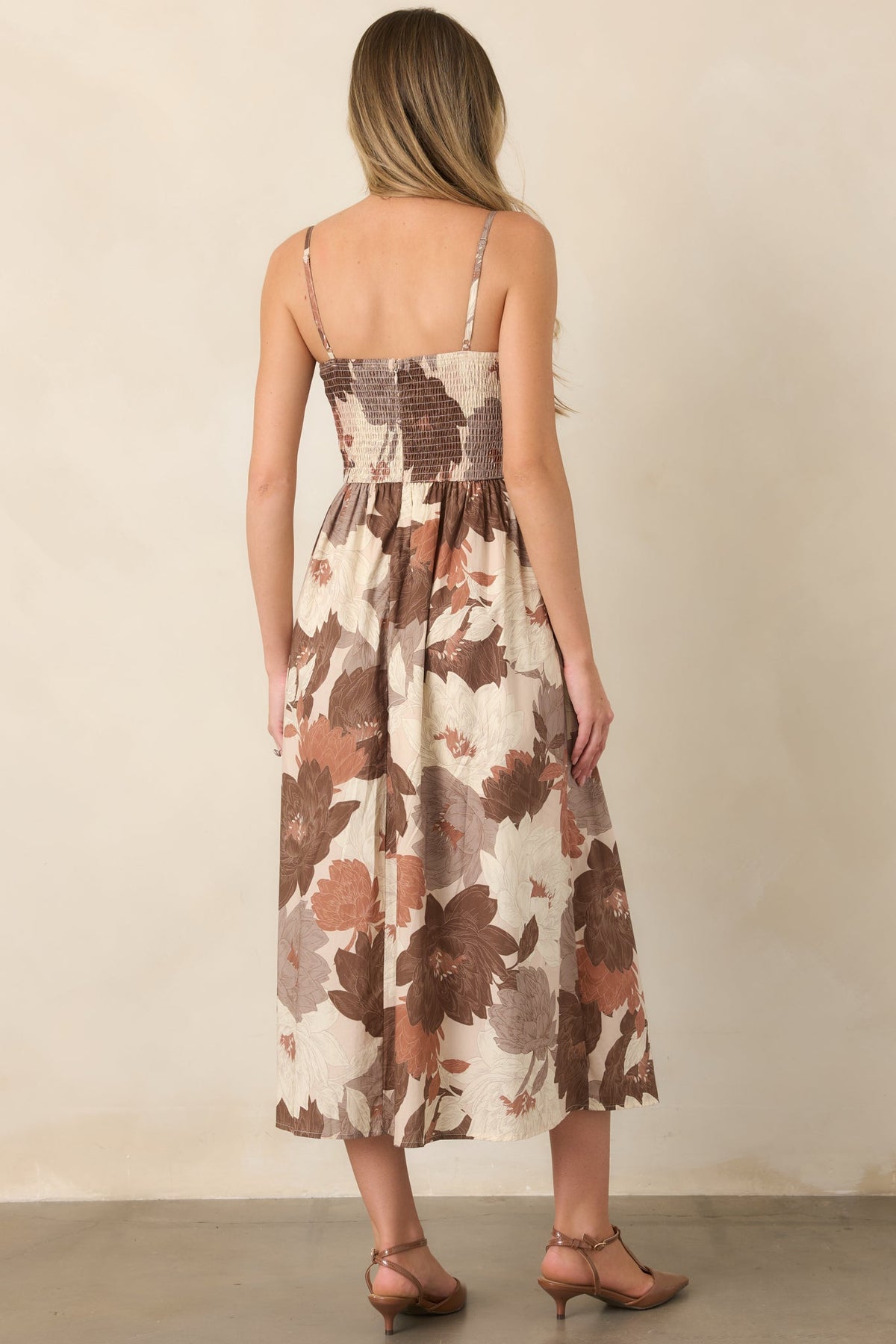 Poetry of the Season Ivory & Brown Floral Pleated Cotton Midi Dress