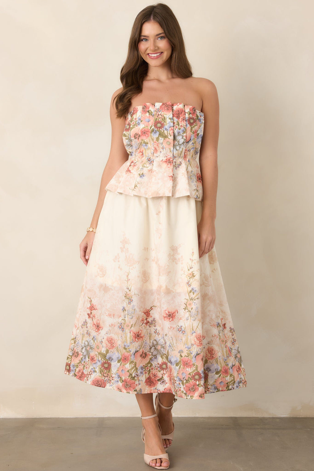 Gathered in Grace Pink Multi Floral Cotton Strapless Midi Dress