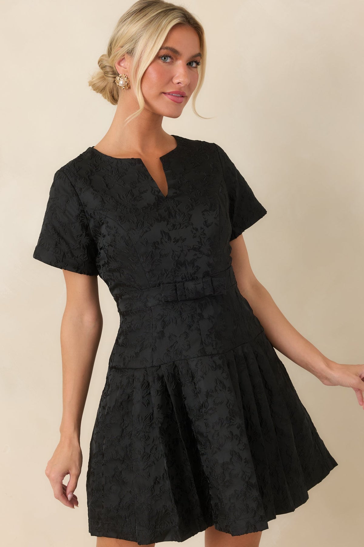 The Perfect Introduction Black Floral Jacquard Mini Dress