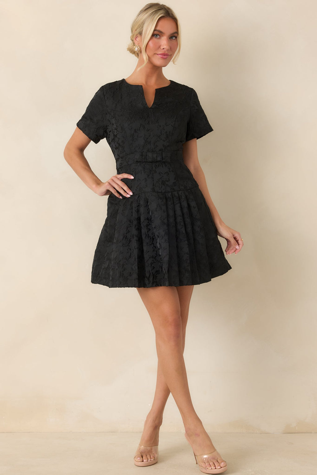 The Perfect Introduction Black Floral Jacquard Mini Dress
