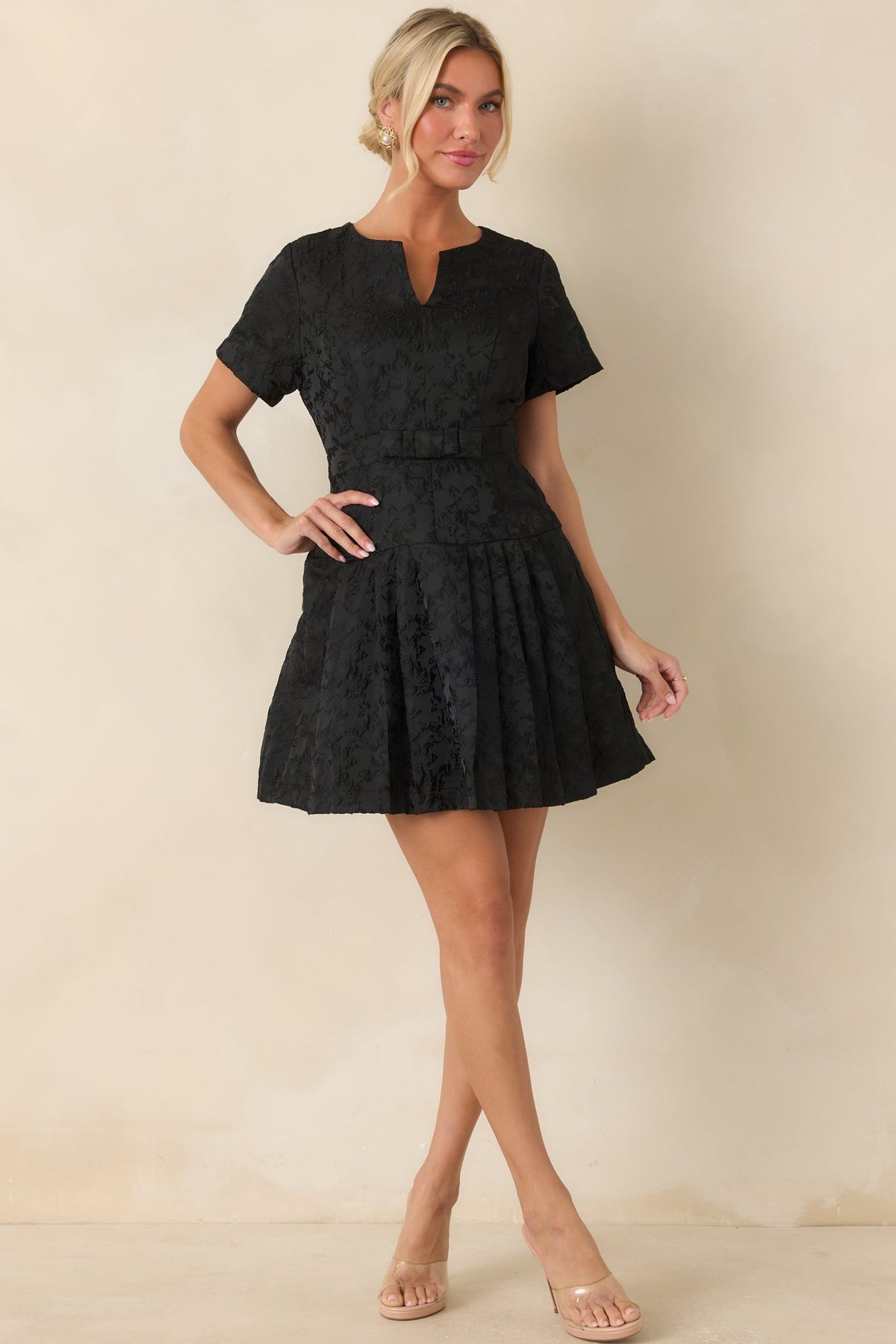 The Perfect Introduction Black Floral Jacquard Mini Dress