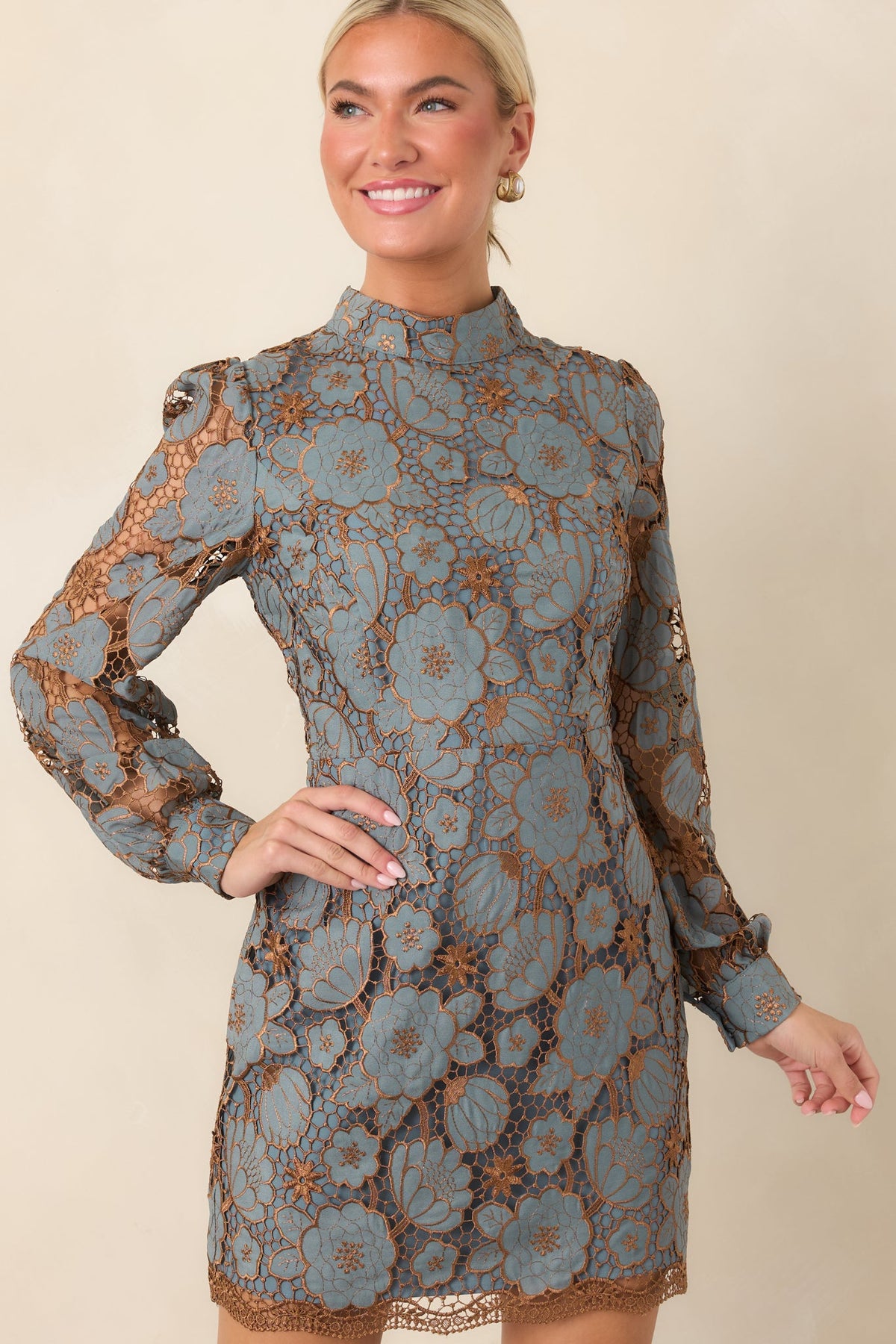 Garden Muse Dusty Blue Floral Lace Long Sleeve Mini Dress