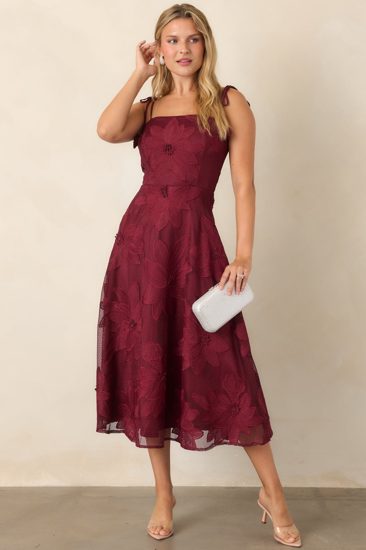 Blooming With Charisma Burgundy Floral Lace Tie Strap Midi Dress