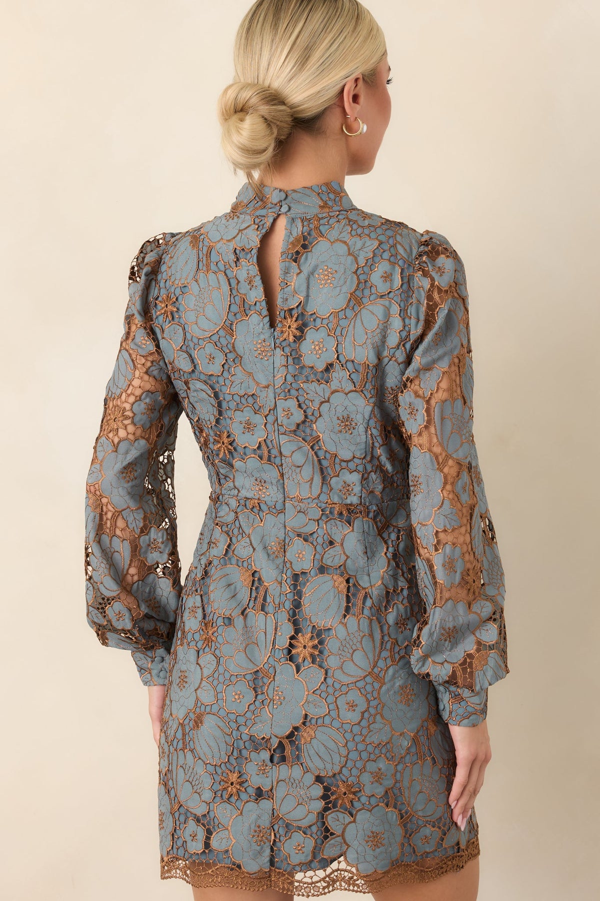 Garden Muse Dusty Blue Floral Lace Long Sleeve Mini Dress