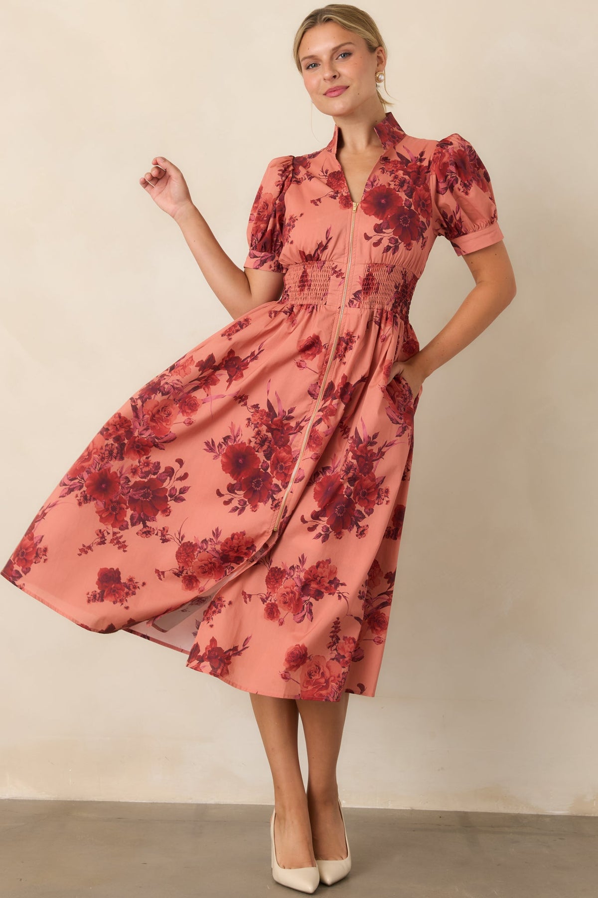 Full of Possibility Coral & Burgundy Floral Cotton Zip Front Midi Dress
