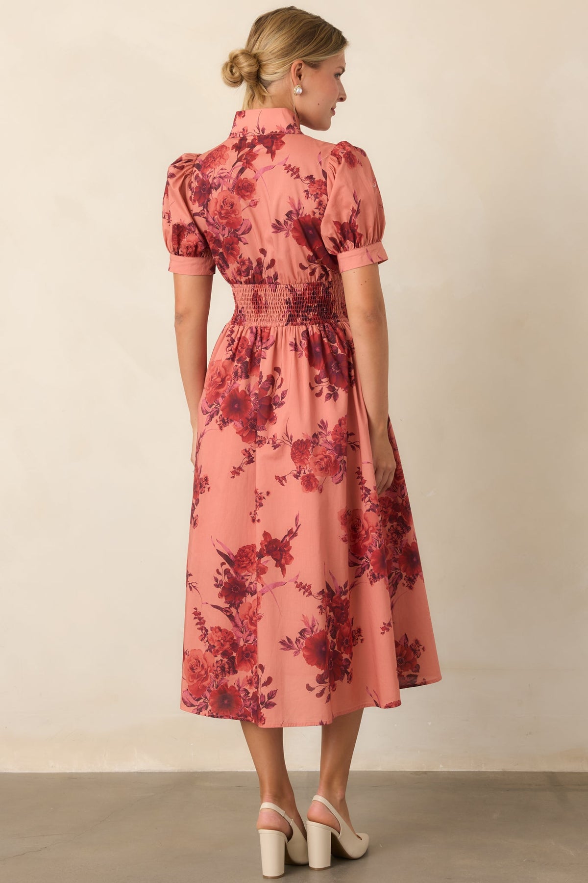 Full of Possibility Coral & Burgundy Floral Cotton Zip Front Midi Dress