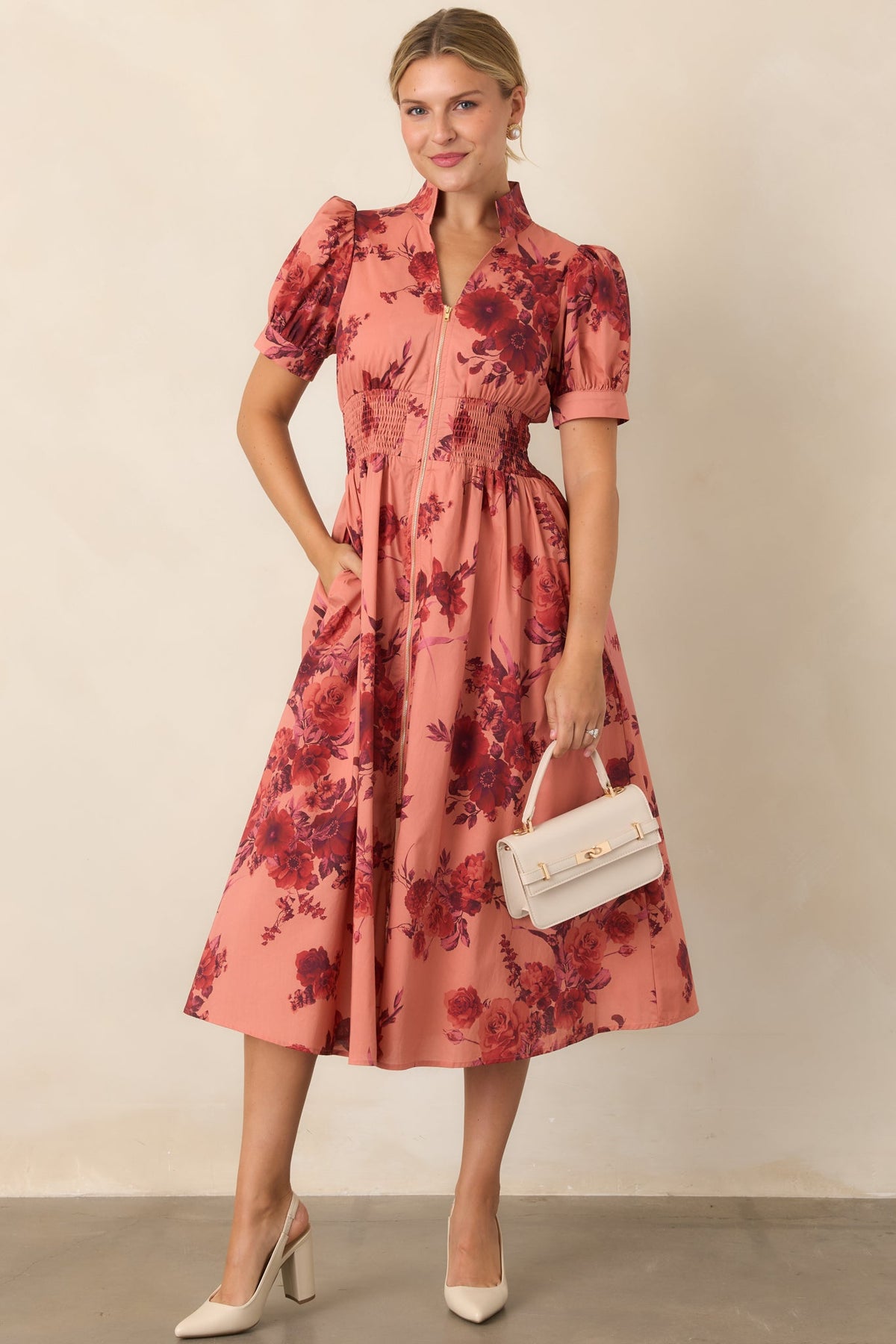 Full of Possibility Coral & Burgundy Floral Cotton Zip Front Midi Dress