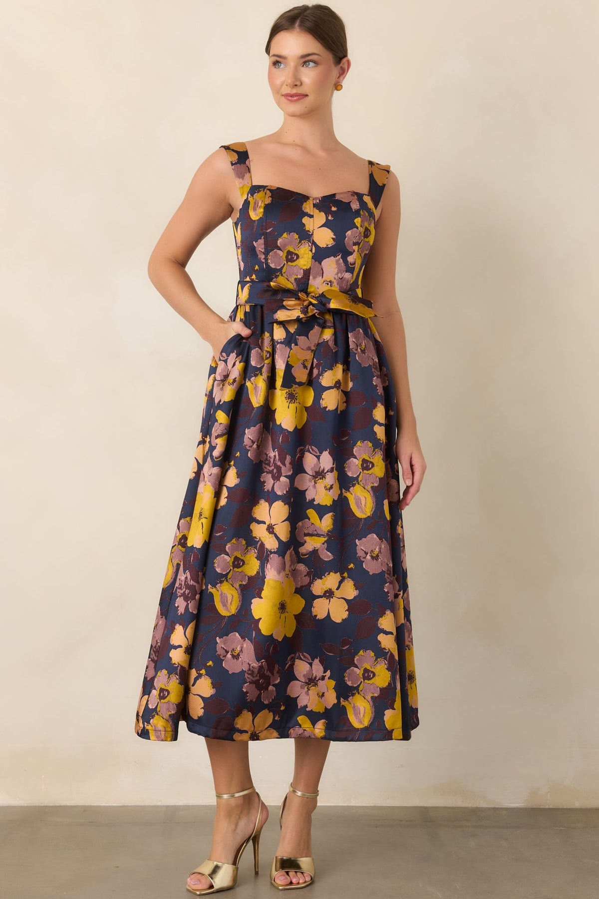 A Formal Arrangement Navy & Marigold Floral Tie-Waist Midi Dress