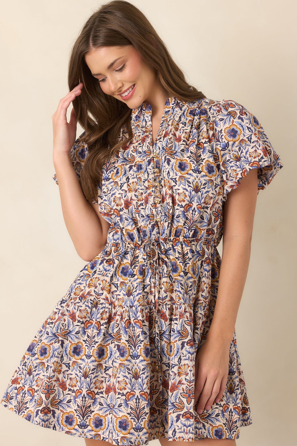 In the Garden Ivory & Blue Multi Floral Cotton Mini Dress