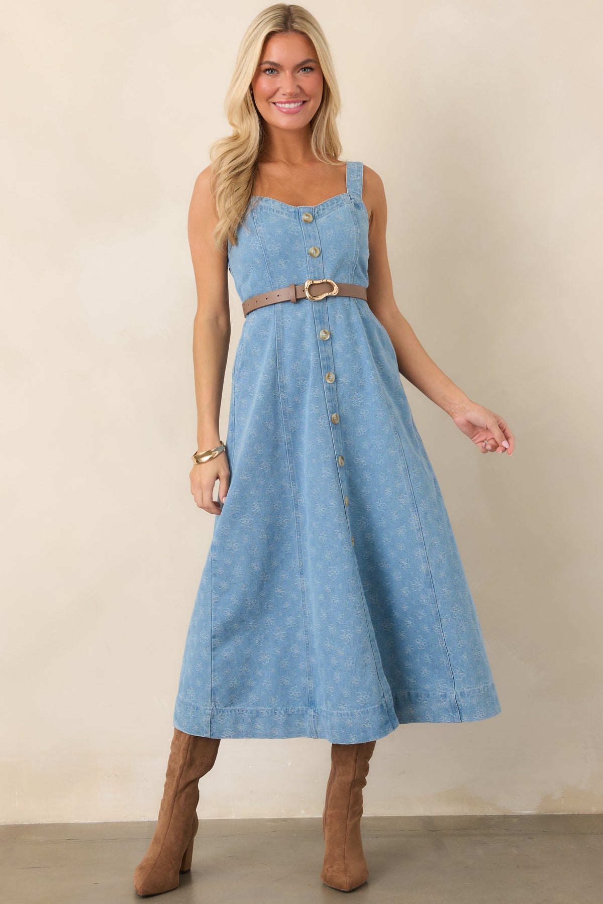Dreaming in Blue Light Wash Denim Floral Midi Dress