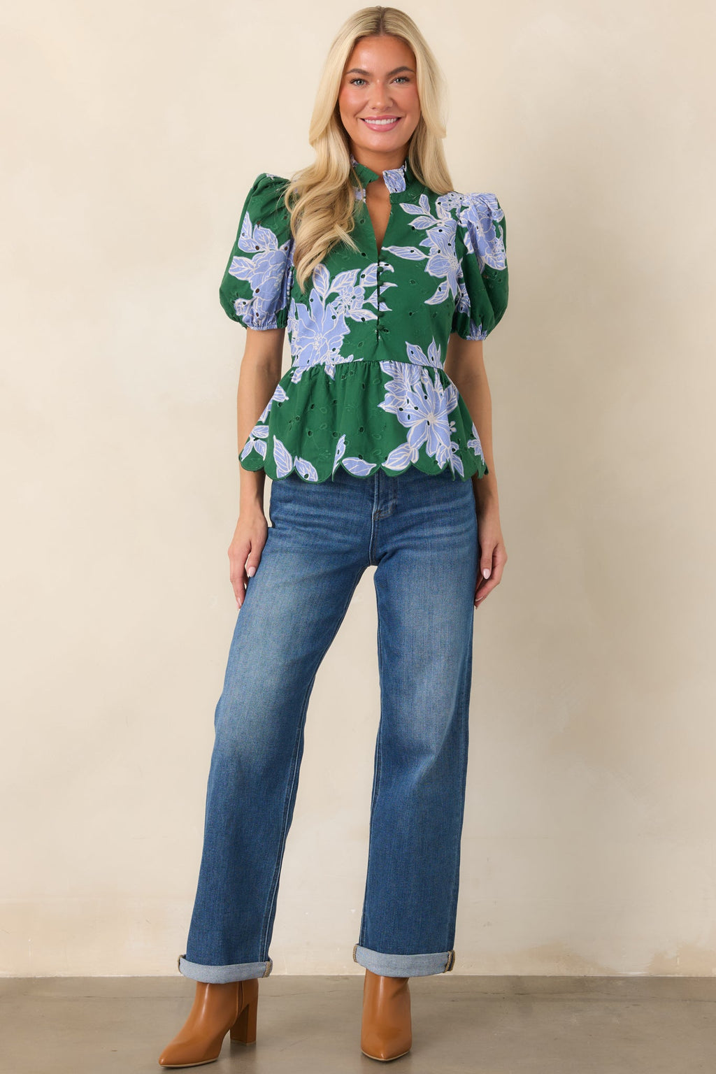 The Garden's Calling Green & Blue Floral Cotton Eyelet Top