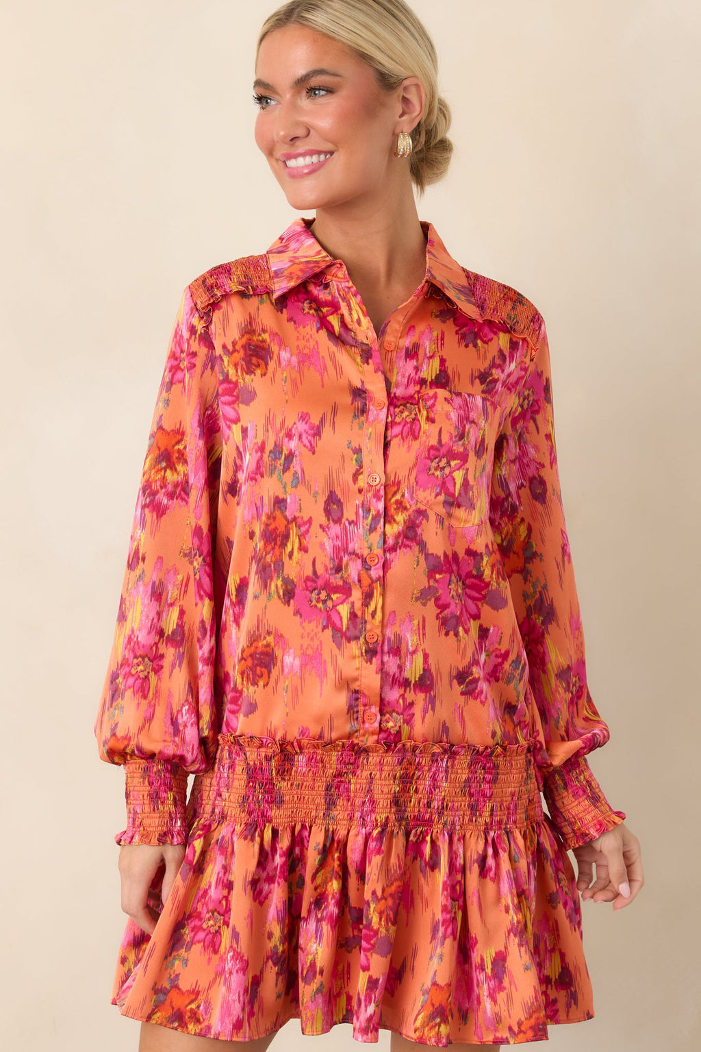 Impossible to Miss Orange Multi Floral Satin Mini Dress