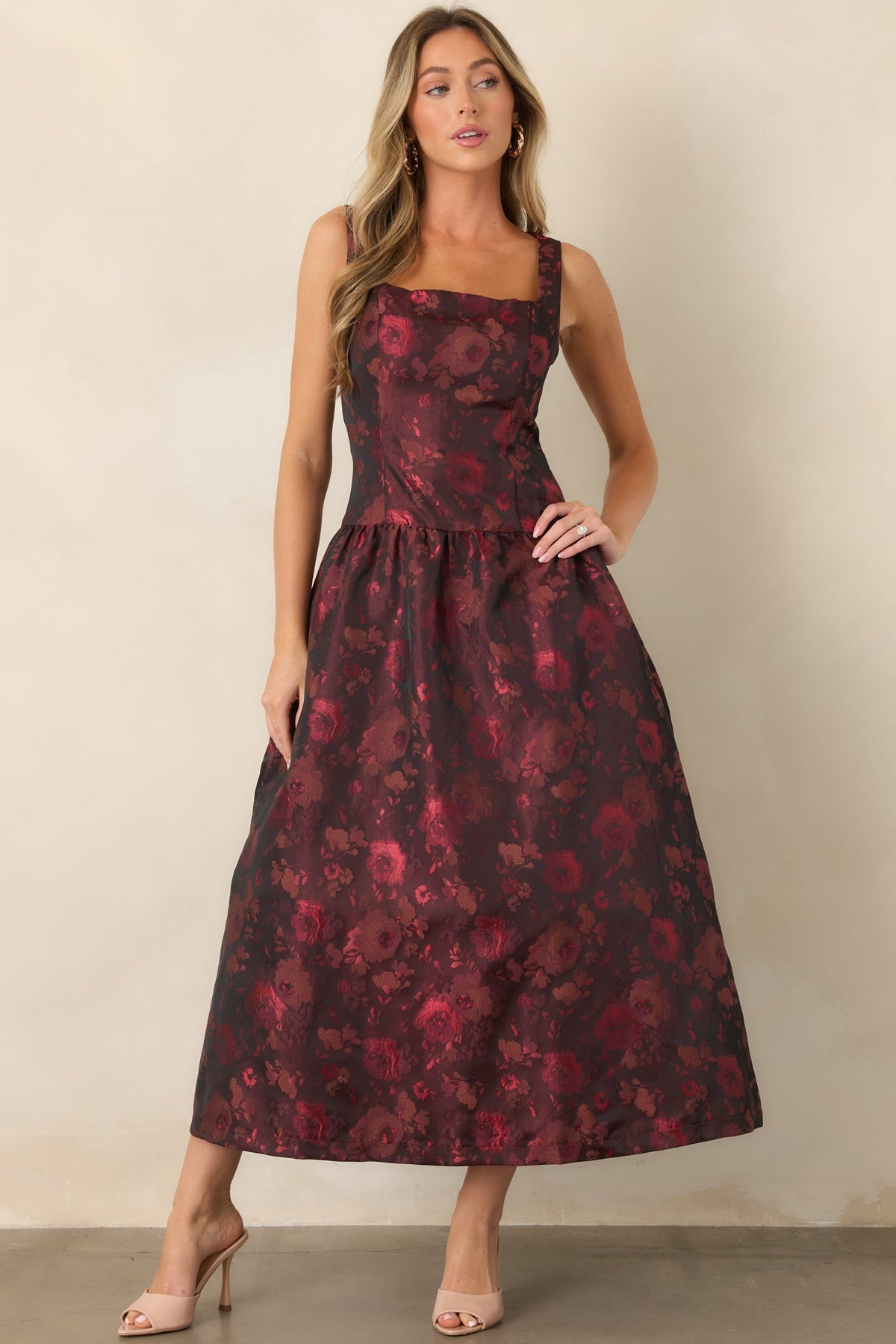 A Beautiful Thing Burgundy Floral Jacquard Midi Dress