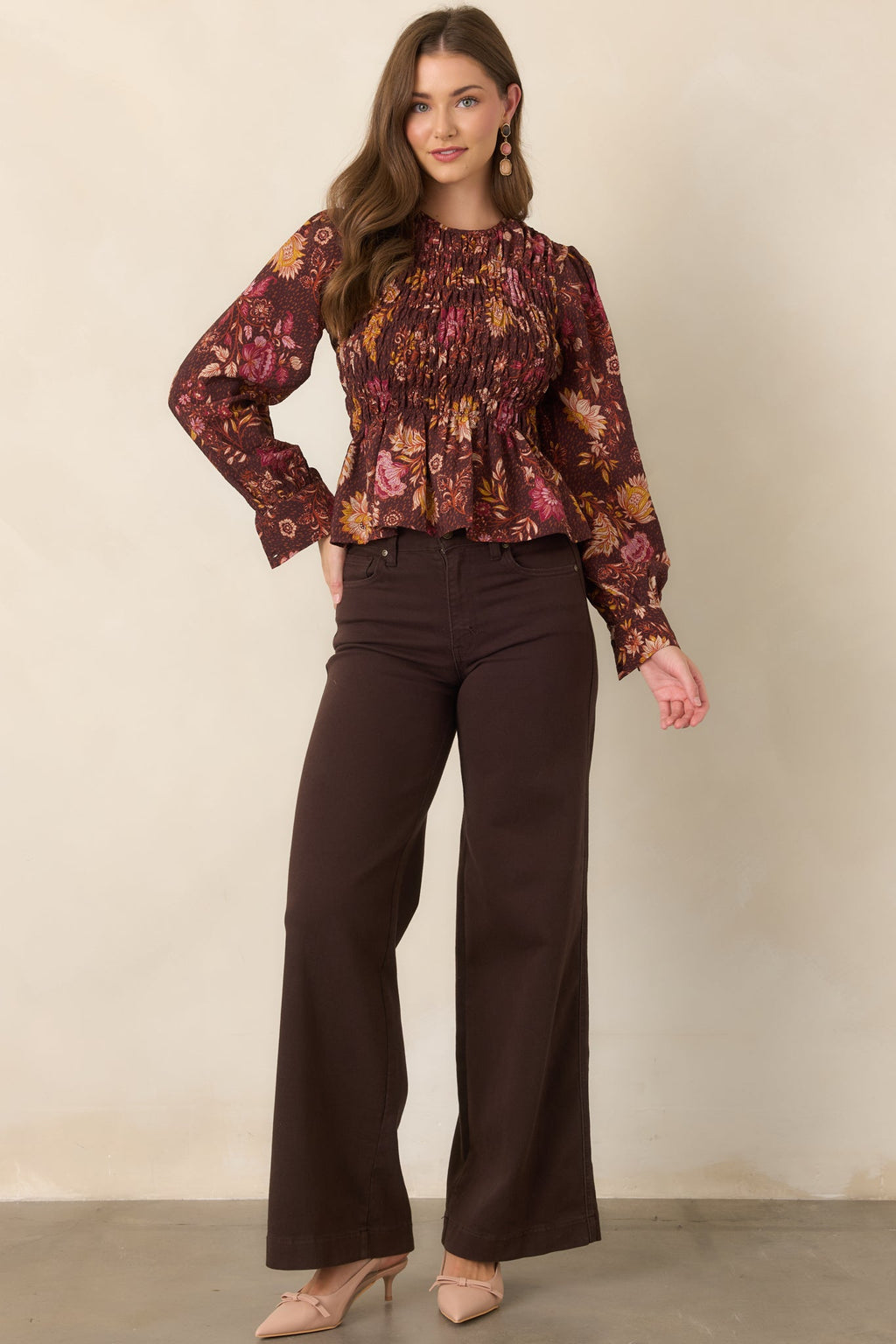 Made to Flourish Chocolate Brown Multi Floral Smocked Peplum Top