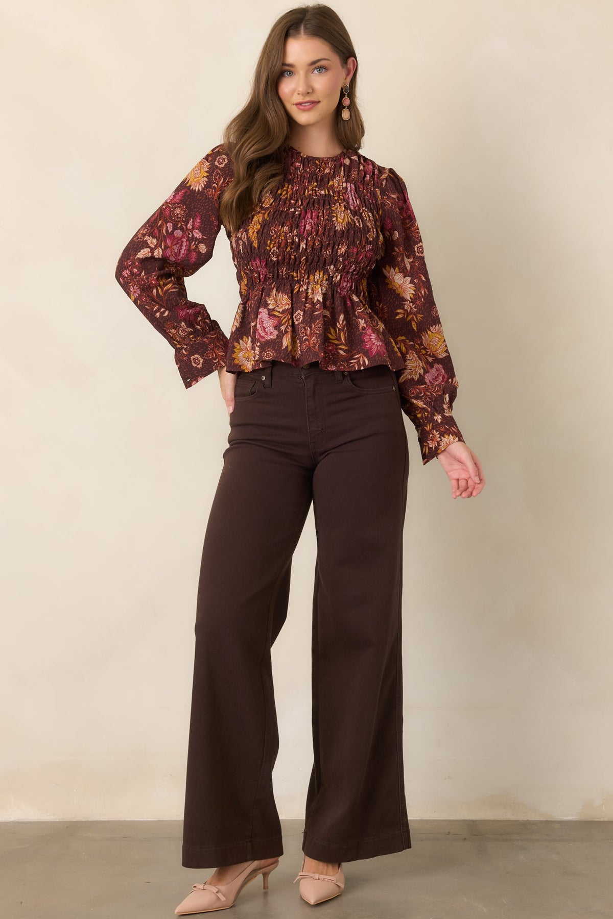 Made to Flourish Chocolate Brown Multi Floral Smocked Peplum Top