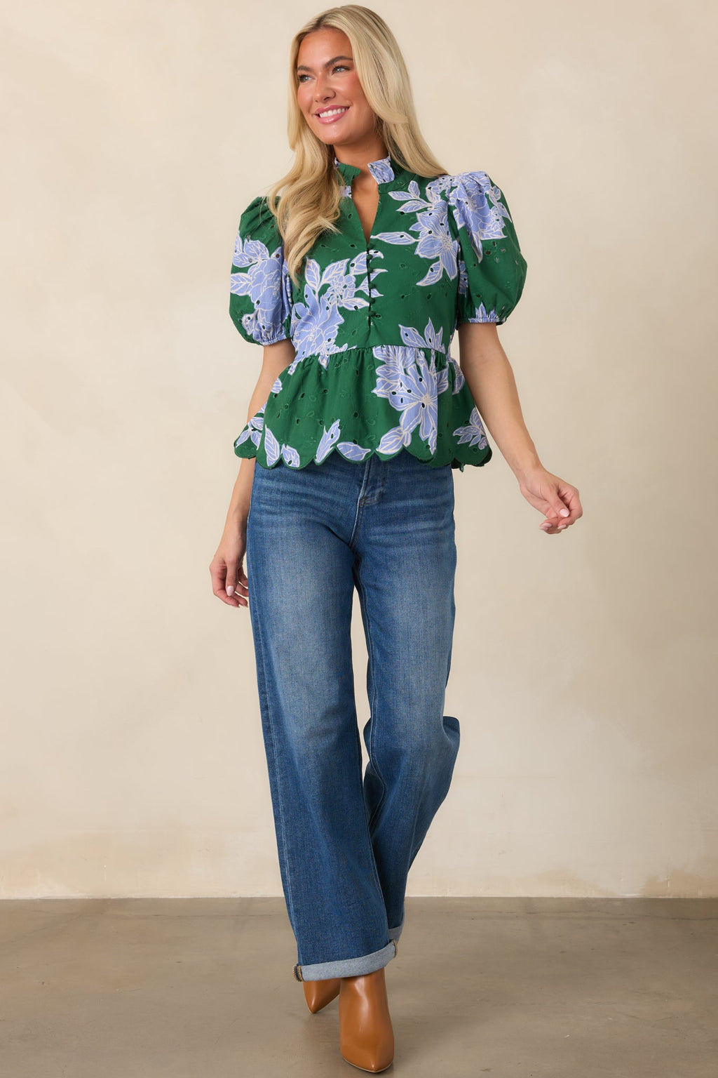 The Garden's Calling Green & Blue Floral Cotton Eyelet Top