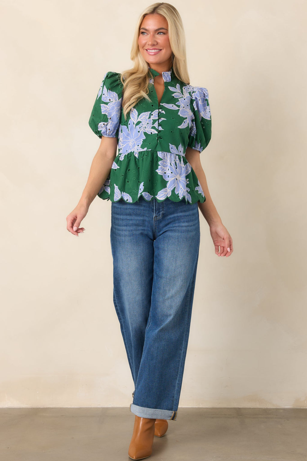 The Garden's Calling Green & Blue Floral Cotton Eyelet Top