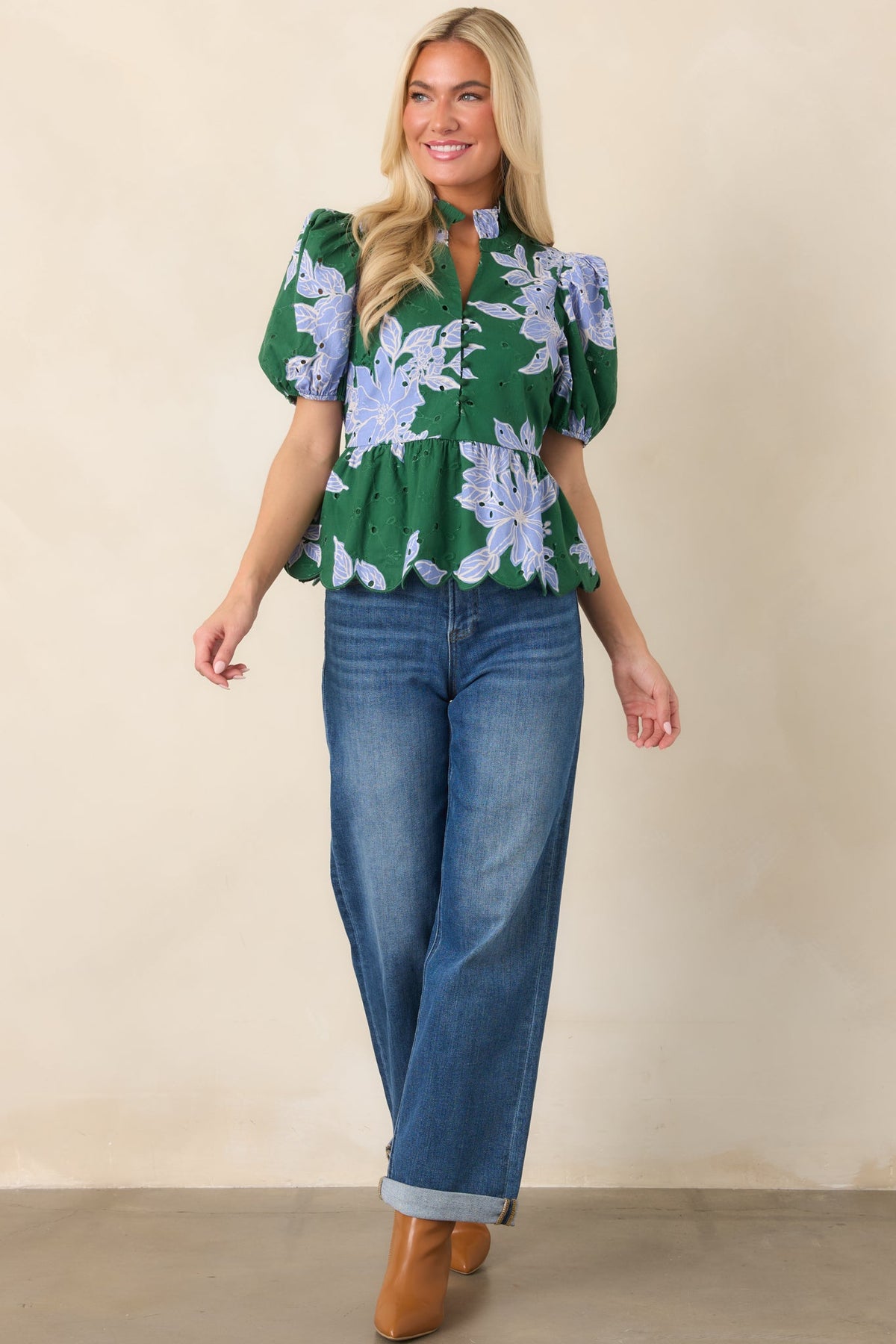 The Garden's Calling Green & Blue Floral Cotton Eyelet Top