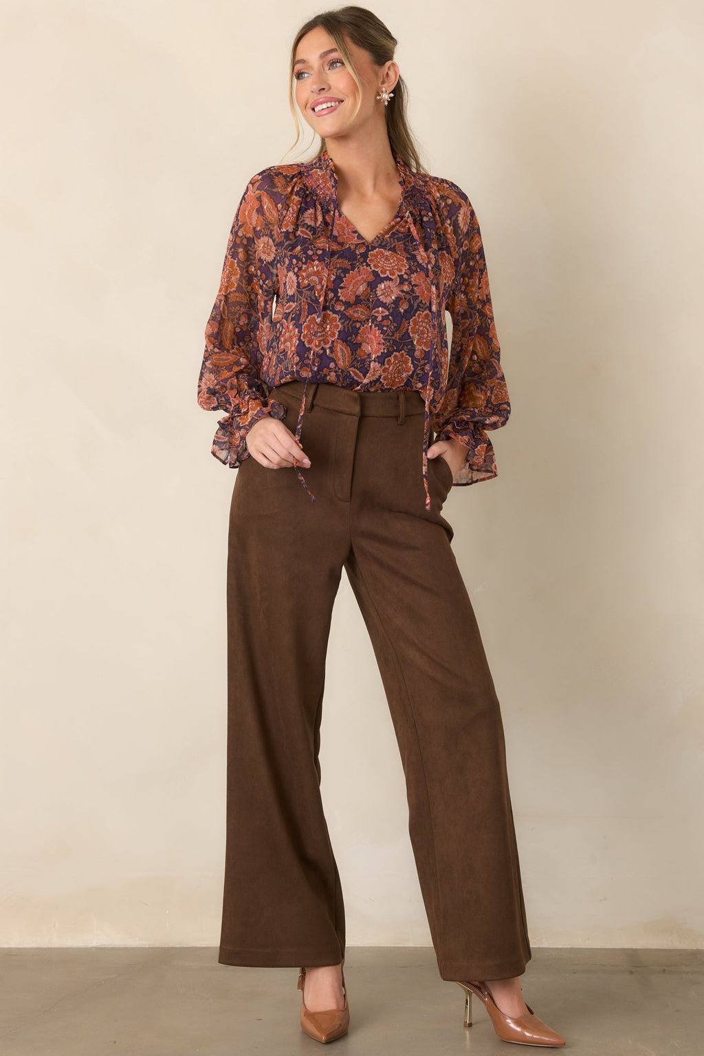 Season of Romance Plum & Rust Floral Ruffle Neck Blouse