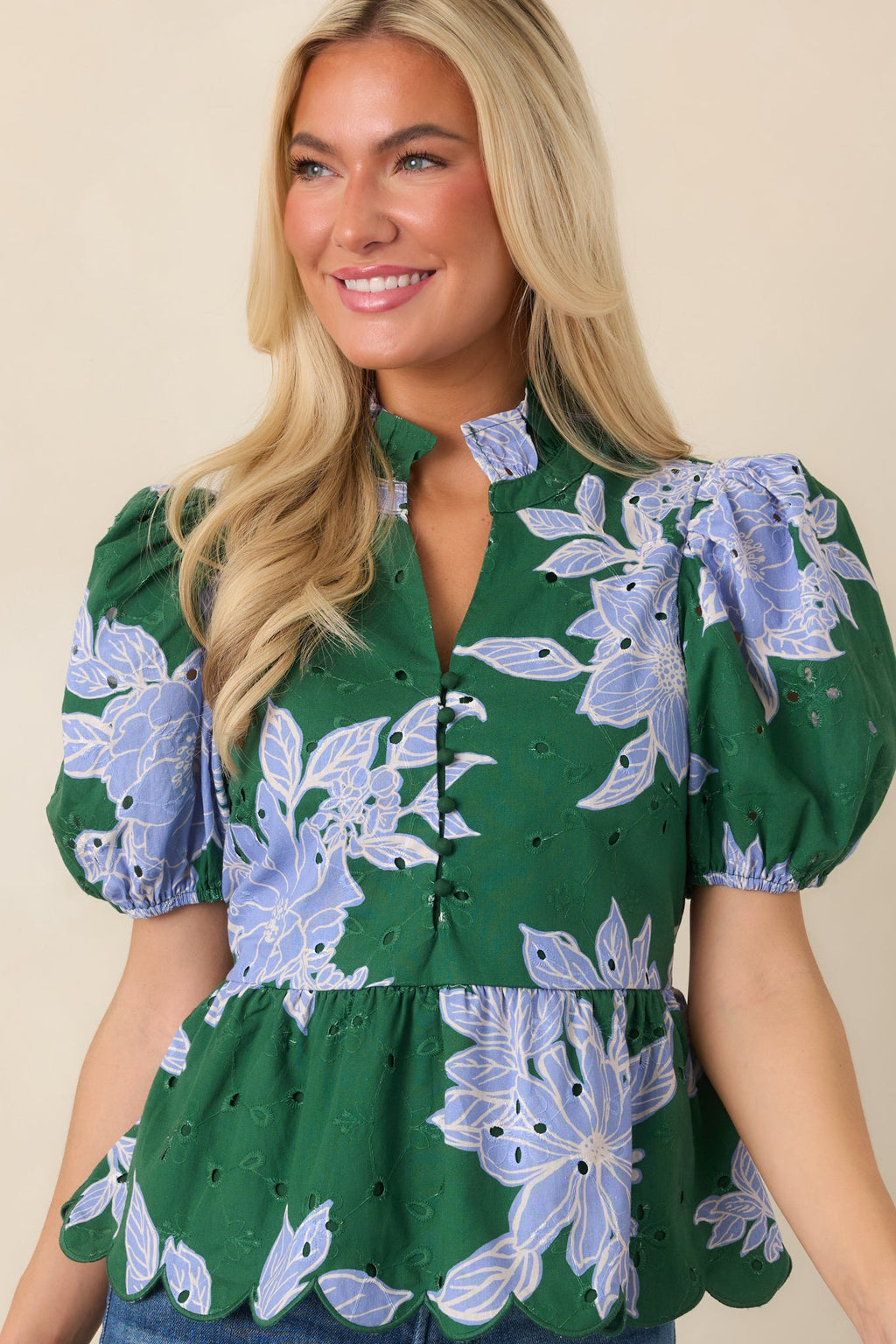 The Garden's Calling Green & Blue Floral Cotton Eyelet Top