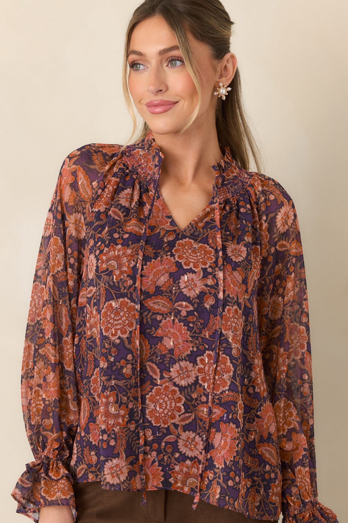 Season of Romance Plum & Rust Floral Ruffle Neck Blouse