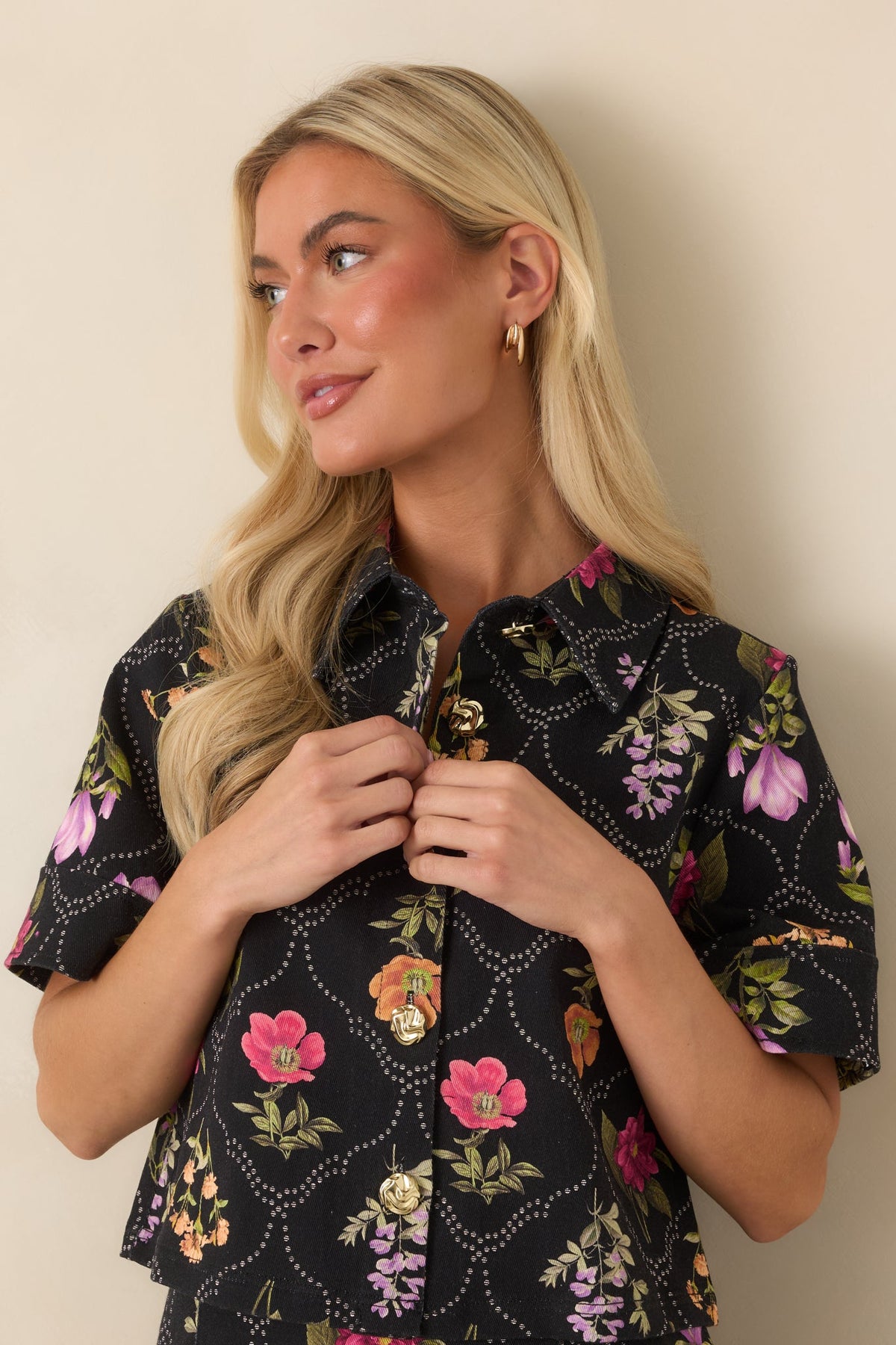Consider Me Charmed Black Multi Floral Button Front Top