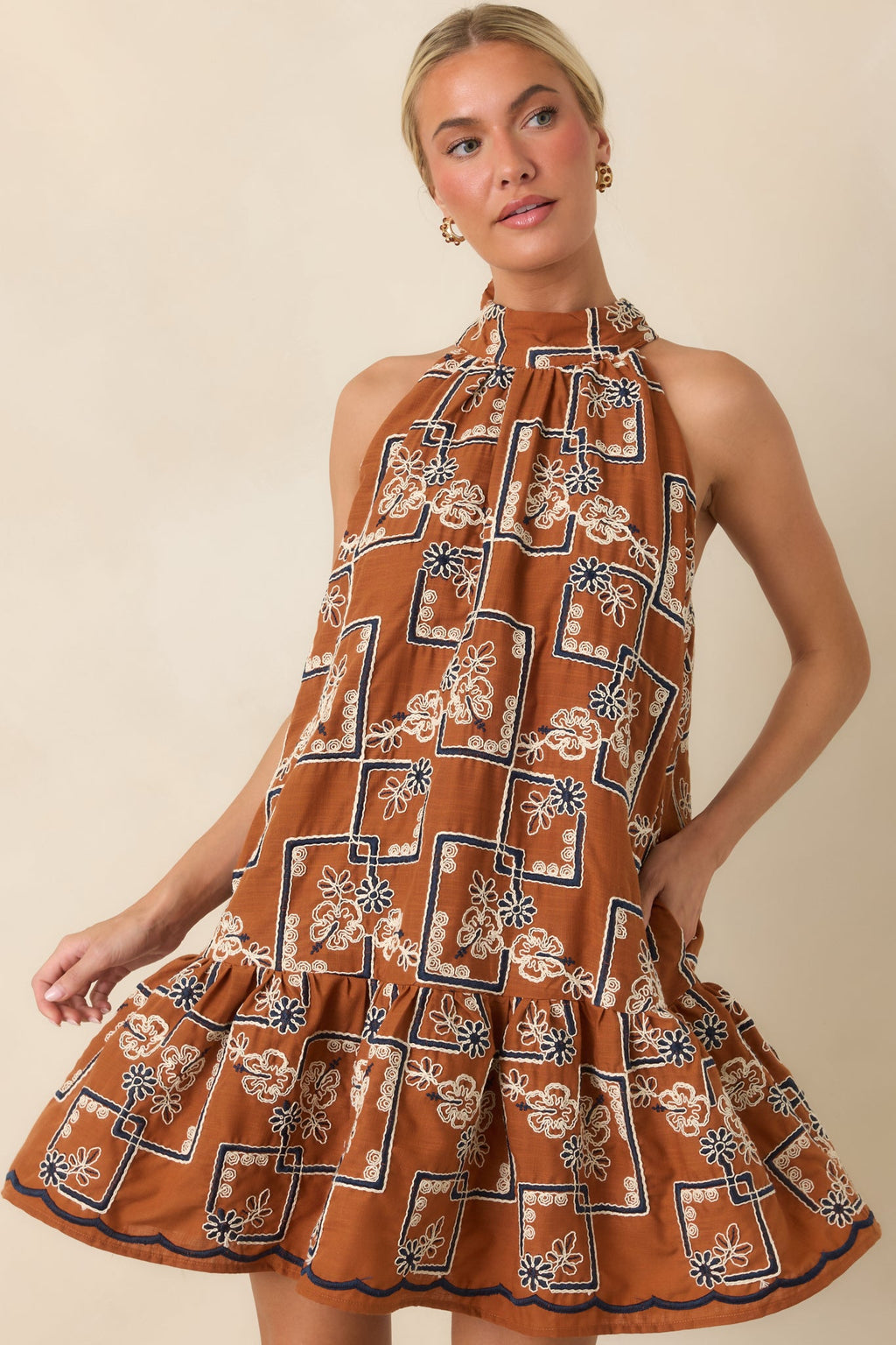 Blooming at Dusk Terracotta Embroidered Halter Mini Dress
