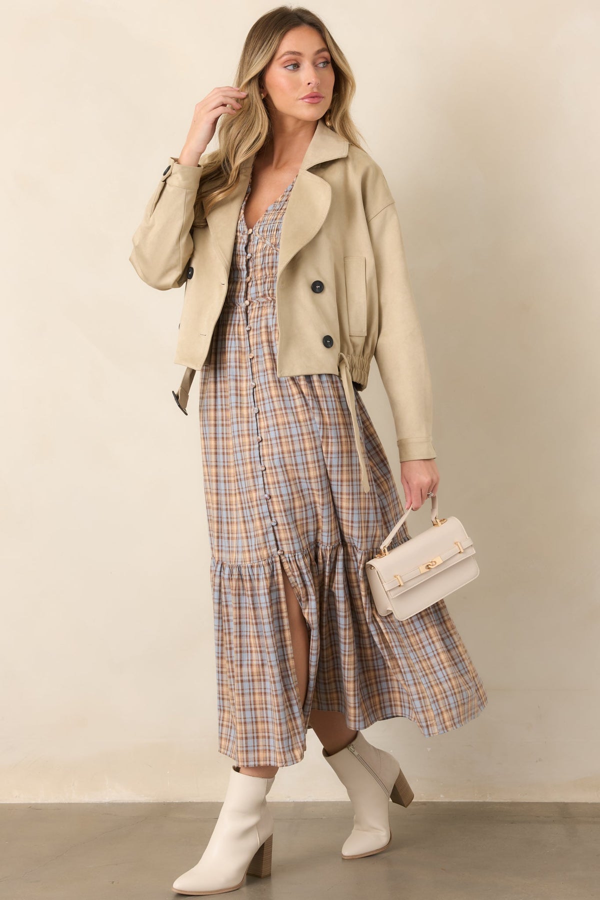 As the Day Goes Dusty Blue & Tan Plaid Cotton Smocked Midi Dress