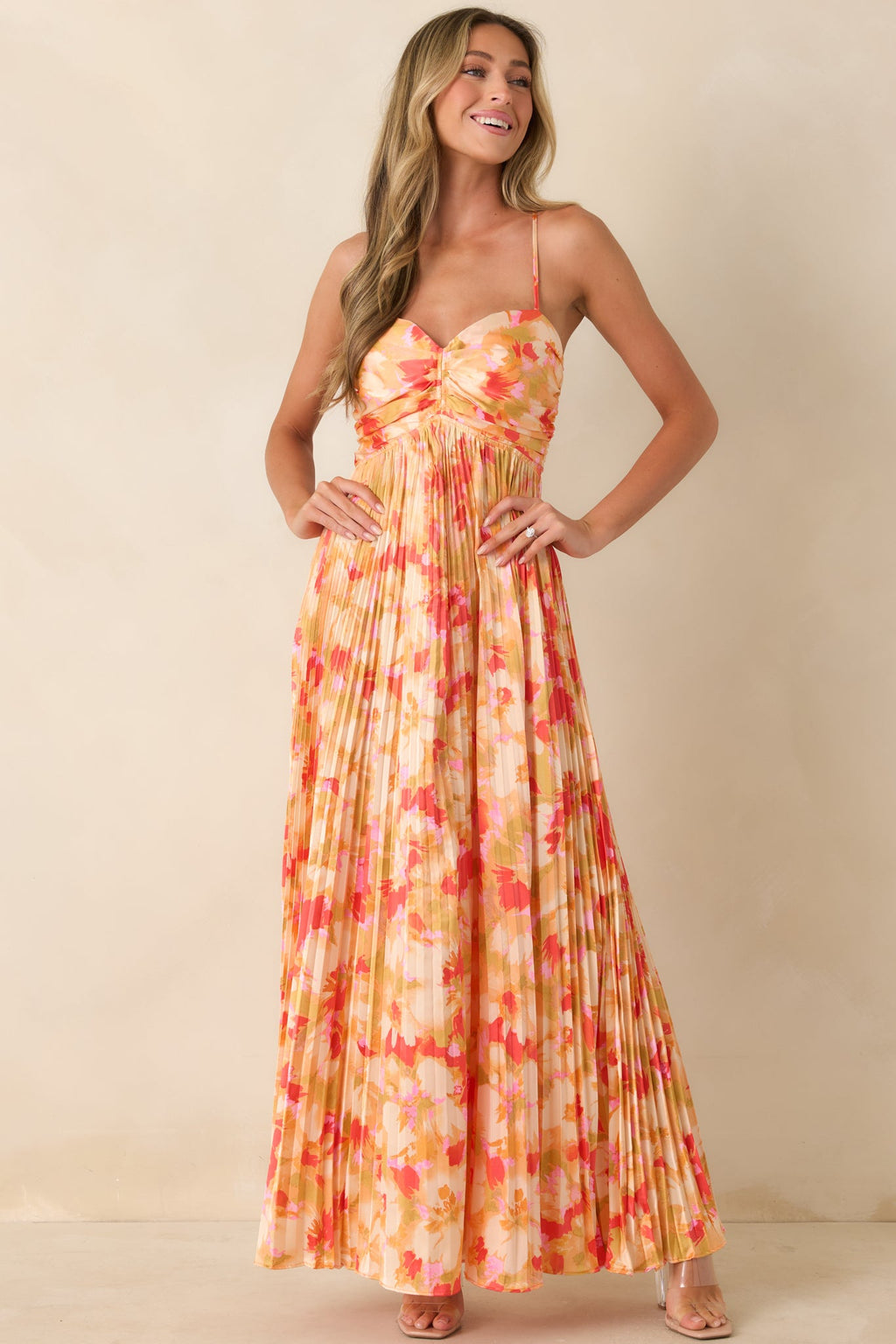 Painted in Sunshine Peach & Red Multi Satin Finish Pleated Maxi Dress