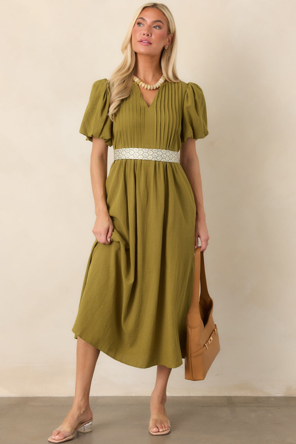 Tucked Away Memories Peridot Green Pintuck Puff Sleeve Midi Dress