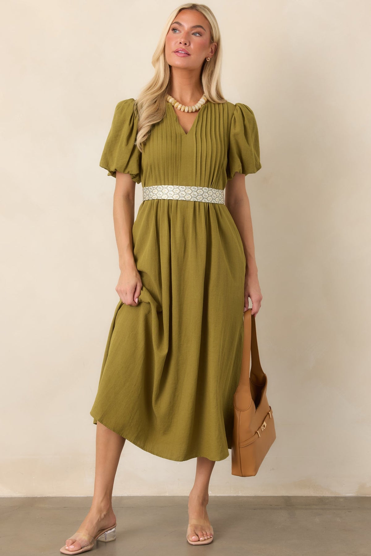 Tucked Away Memories Peridot Green Pintuck Puff Sleeve Midi Dress