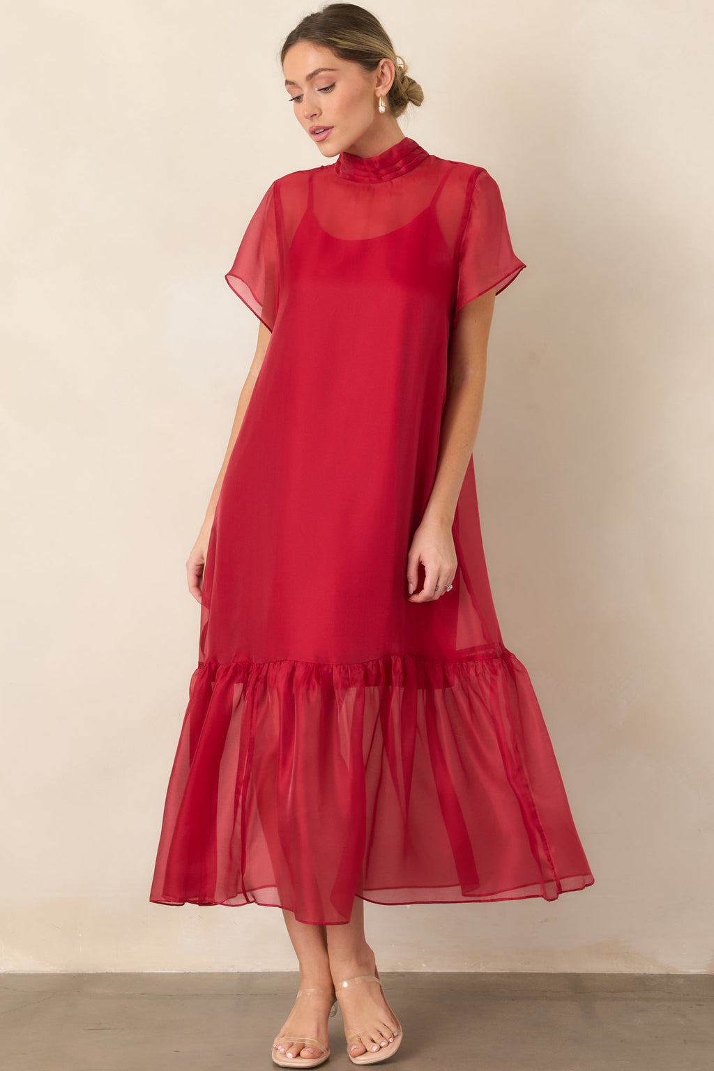 For the Occasion Red Sheer Organza Short Sleeve Maxi Dress