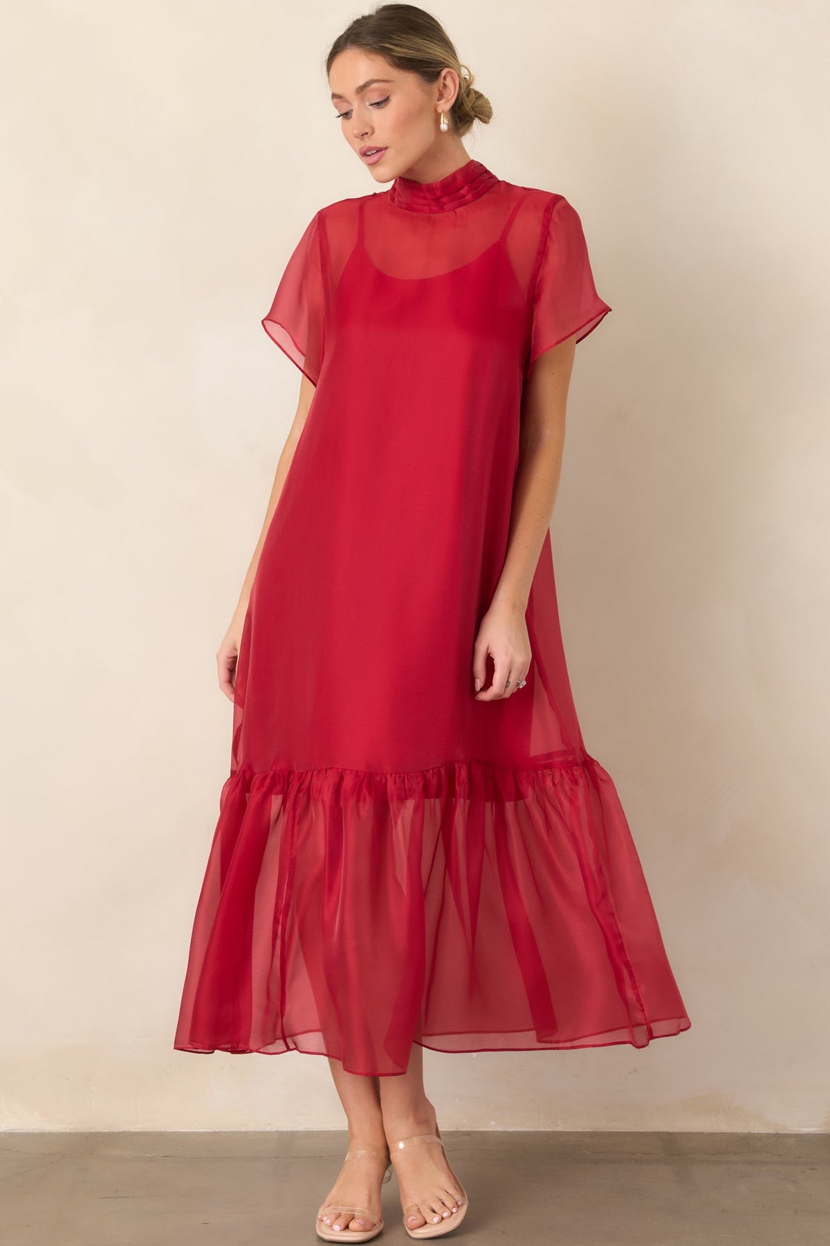 For the Occasion Red Sheer Organza Short Sleeve Maxi Dress
