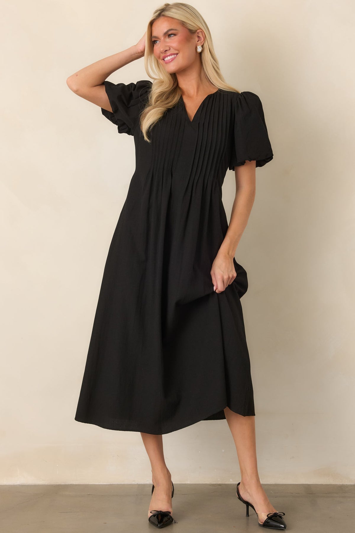 Tucked Away Memories Black Pintuck Puff Sleeve Midi Dress