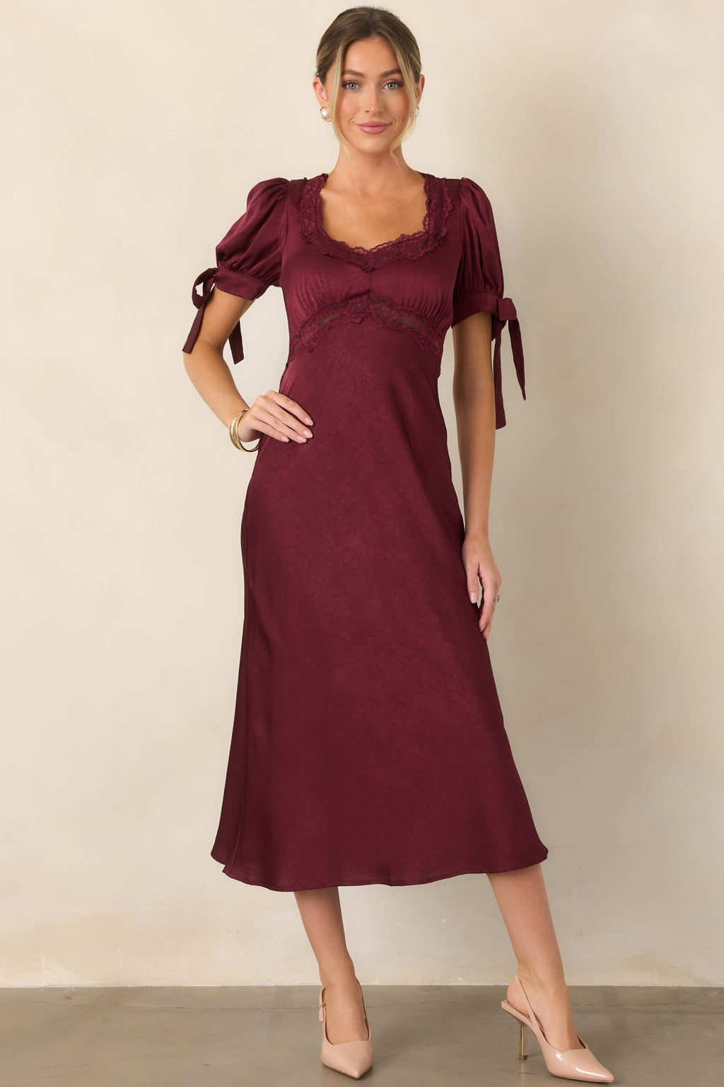 More Than a Feeling Burgundy Satin Lace Trim Midi Dress
