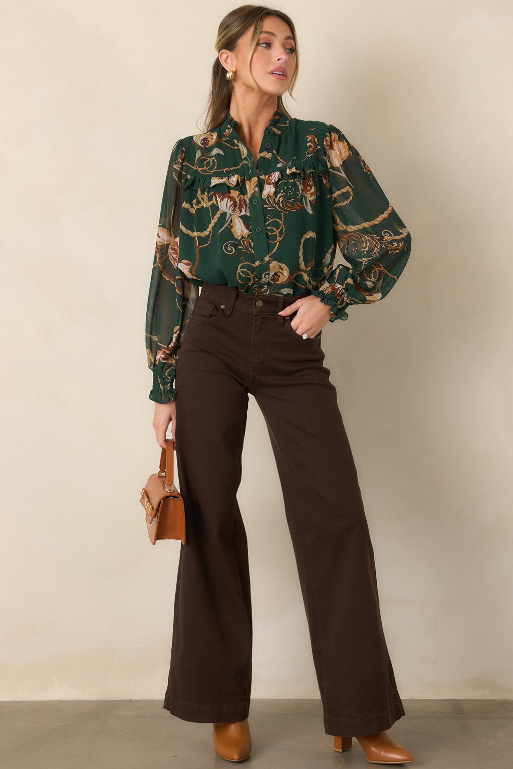 Out at the Estate Forest Green Floral Rope Print Ruffle Blouse