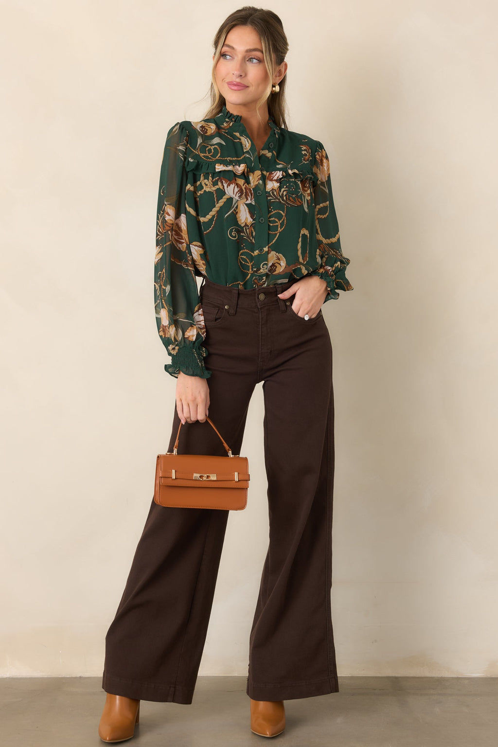 Out at the Estate Forest Green Floral Rope Print Ruffle Blouse