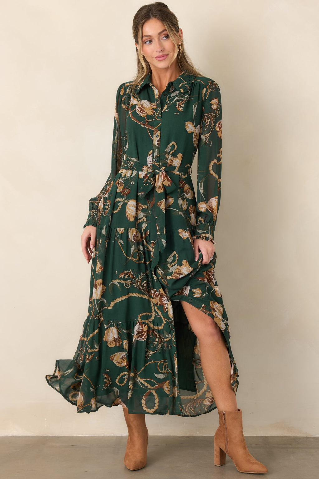 Weekend at the Manor Forest Green Floral Rope Print Tie-Waist Maxi Dress