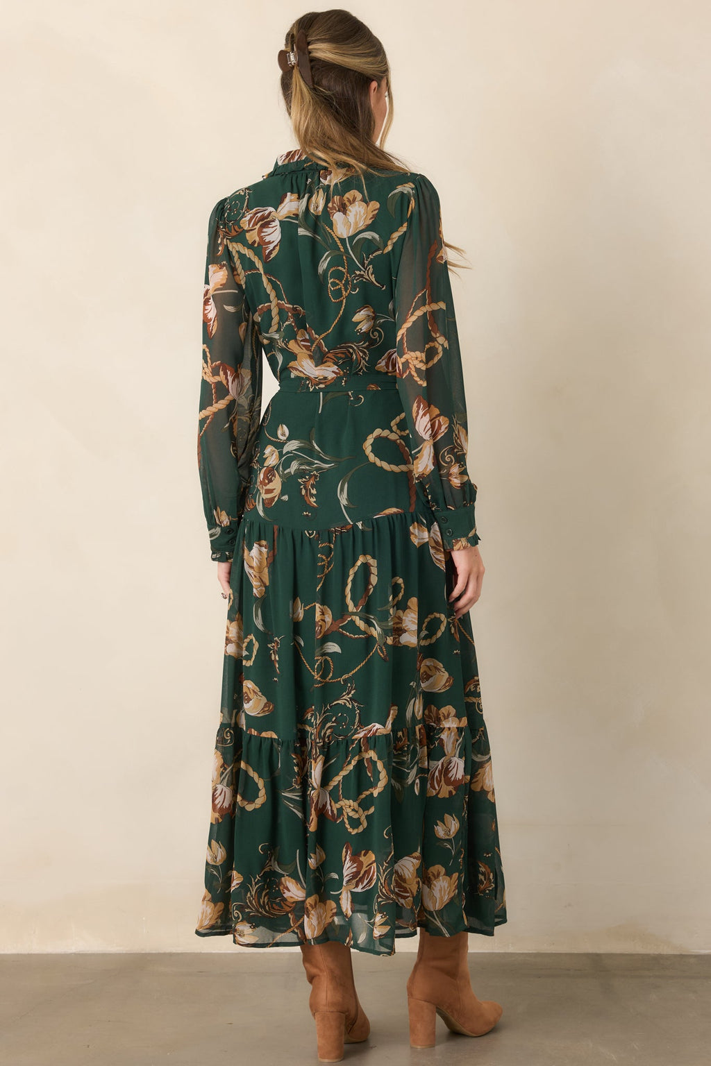 Weekend at the Manor Forest Green Floral Rope Print Tie-Waist Maxi Dress