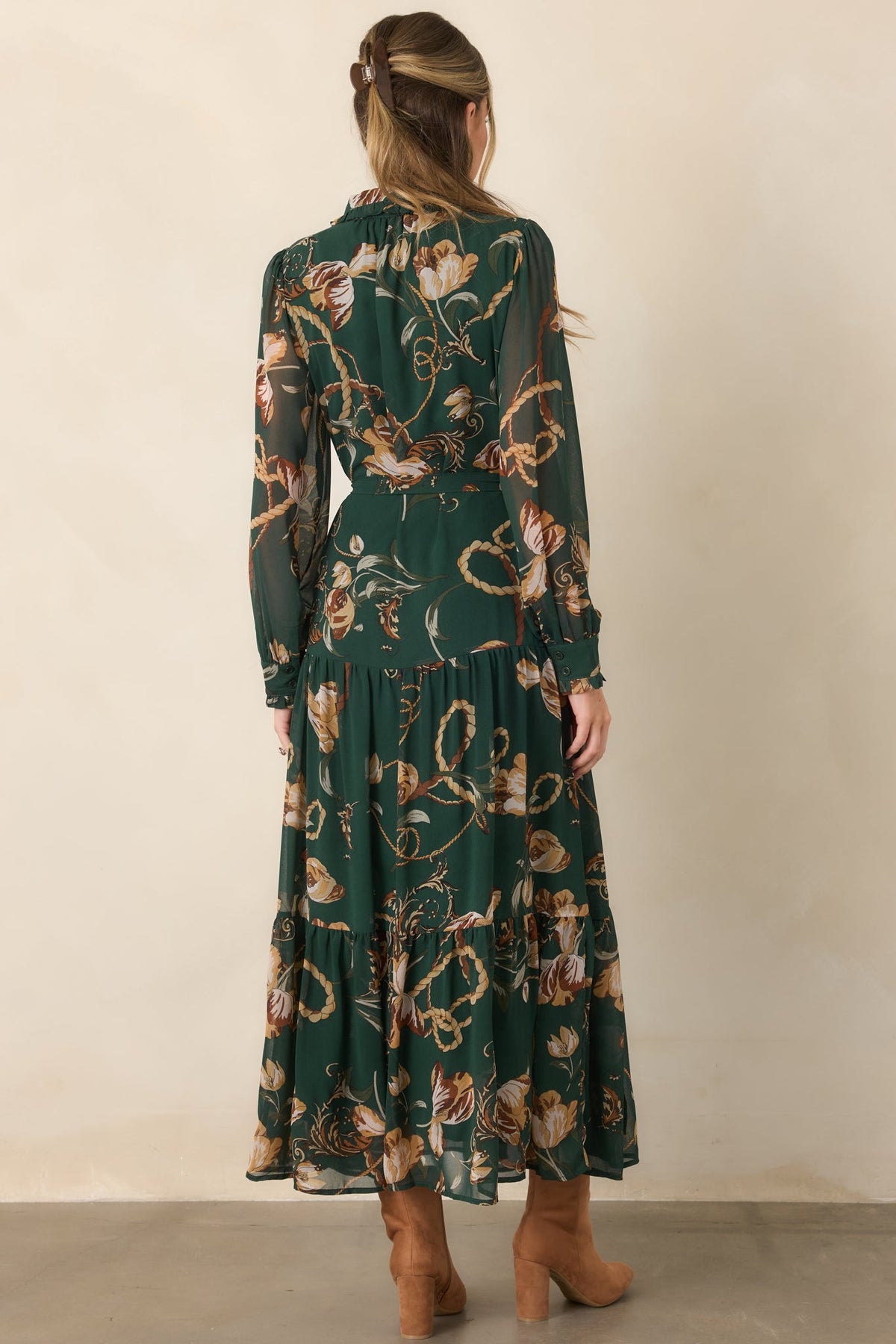 Weekend at the Manor Forest Green Floral Rope Print Tie-Waist Maxi Dress