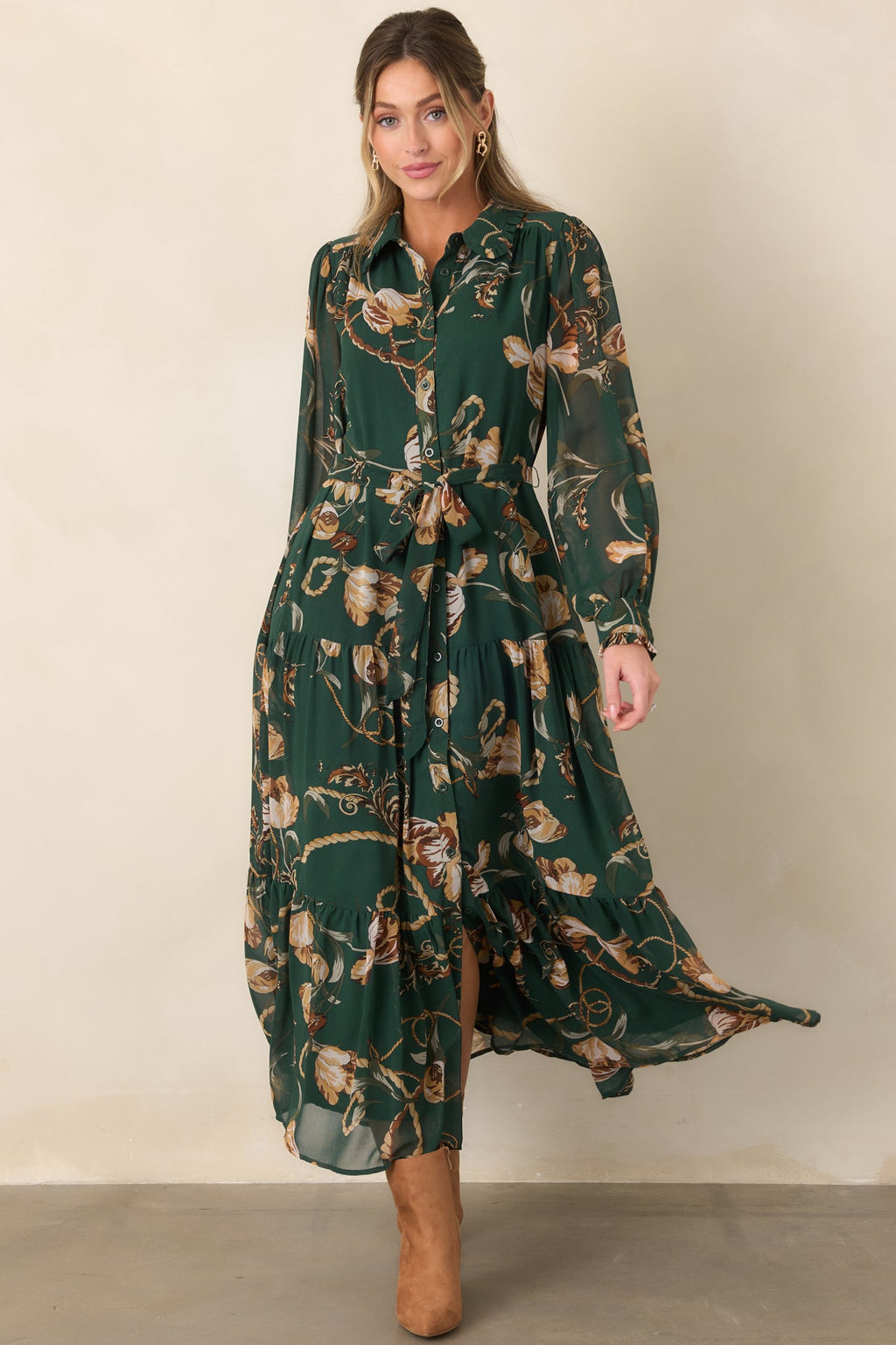 Weekend at the Manor Forest Green Floral Rope Print Tie-Waist Maxi Dress