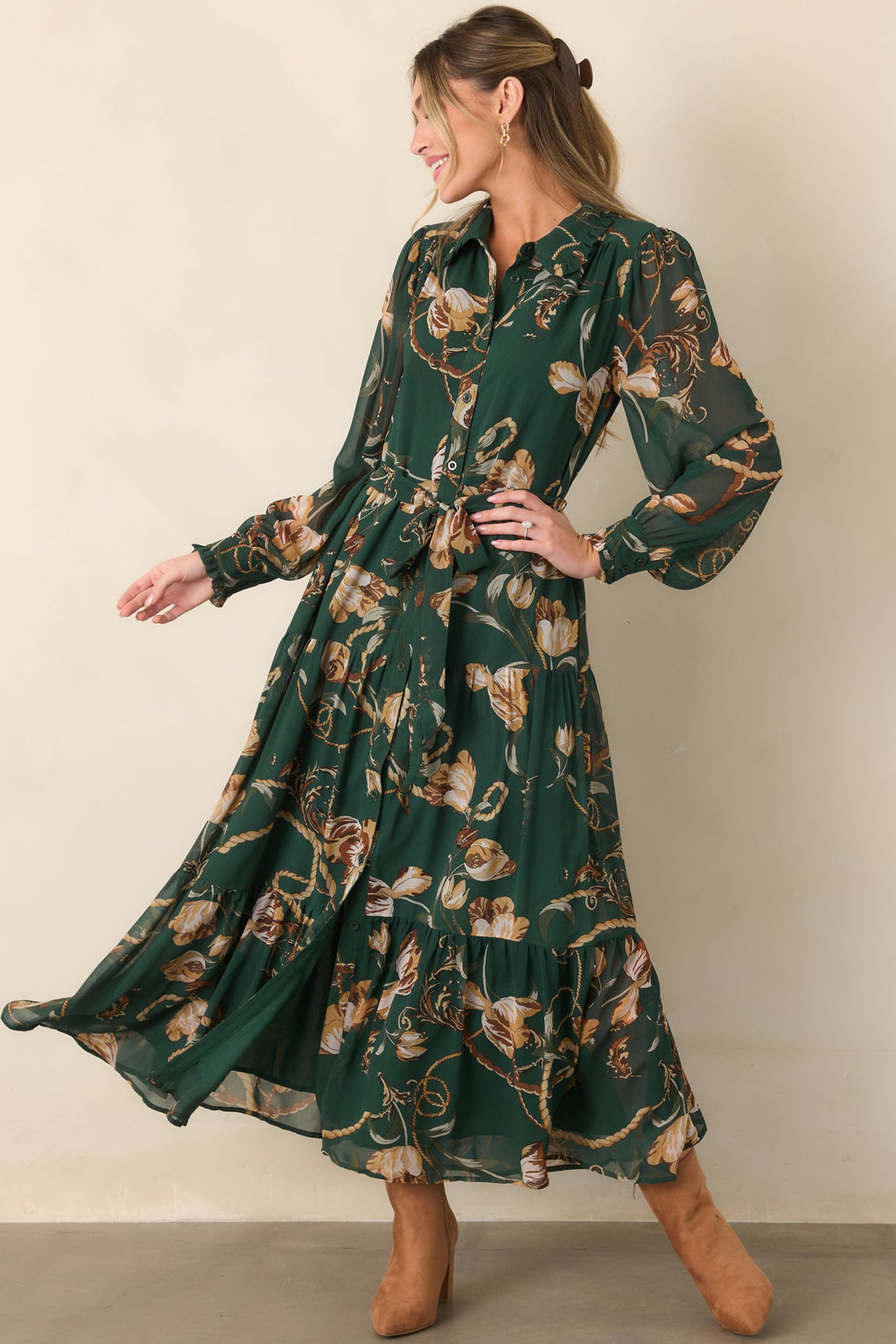 Weekend at the Manor Forest Green Floral Rope Print Tie-Waist Maxi Dress