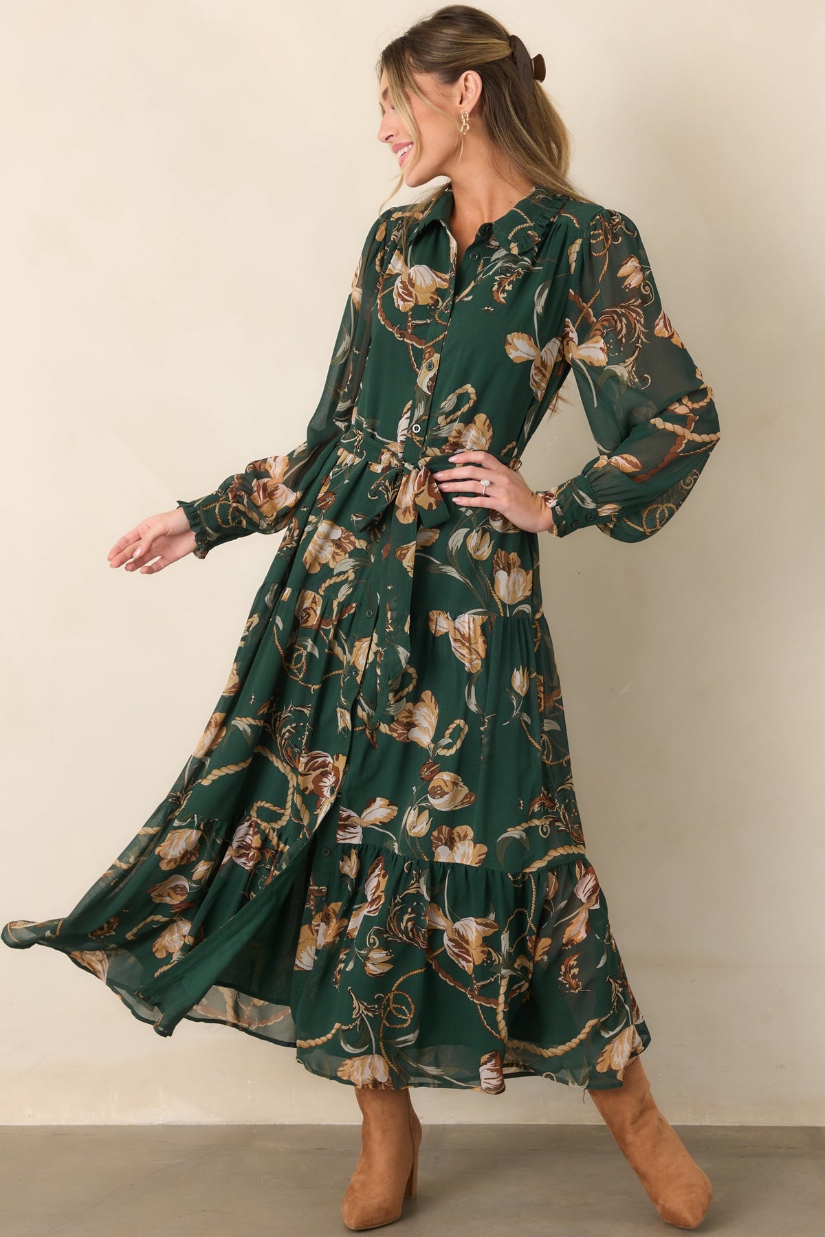Weekend at the Manor Forest Green Floral Rope Print Tie-Waist Maxi Dress